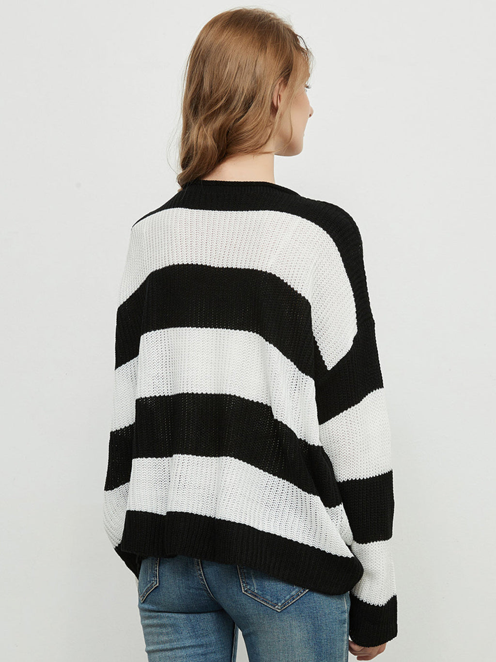 Women Black and White Striped Crew Neck Long Sleeve Knit Sweater - Image 2