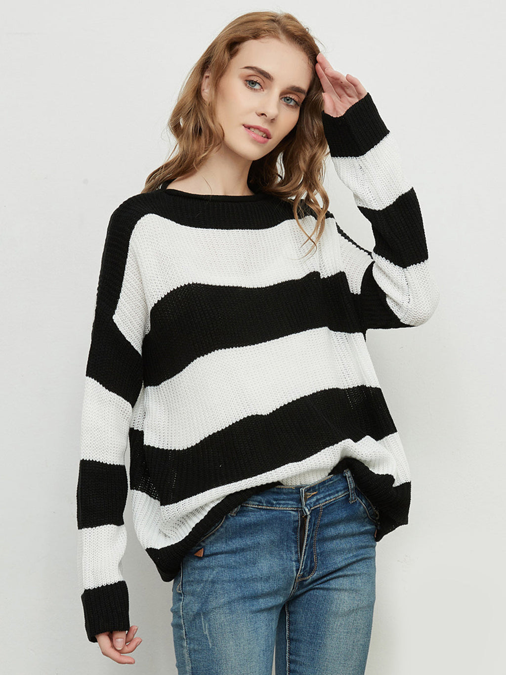 Women Black and White Striped Crew Neck Long Sleeve Knit Sweater - Image 3