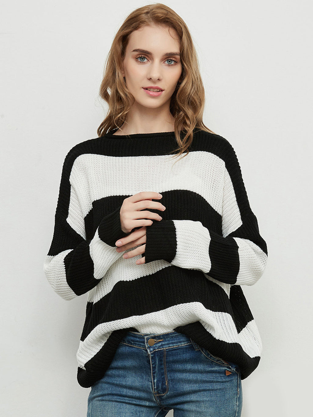 Women Black and White Striped Crew Neck Long Sleeve Knit Sweater - Image 4