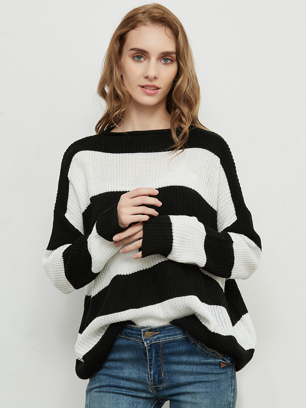 Women Black and White Striped Crew Neck Long Sleeve Knit Sweater - Image 4