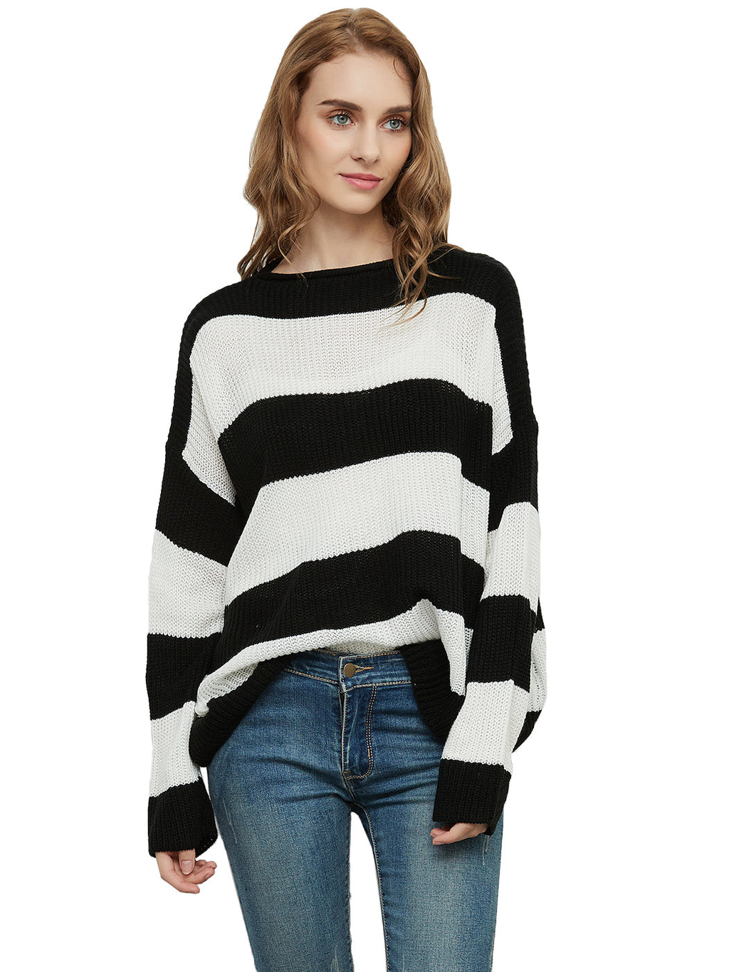 Women Black and White Striped Crew Neck Long Sleeve Knit Sweater - Image 6