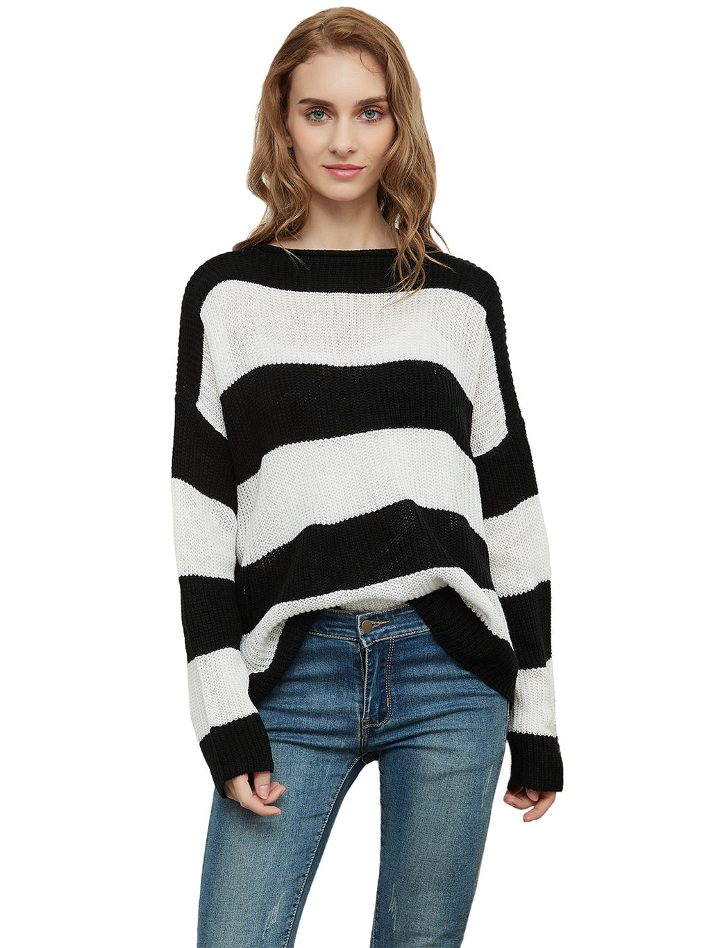 Women Black and White Striped Crew Neck Long Sleeve Knit Sweater - Image 7
