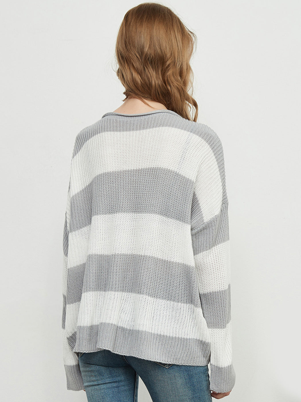 Women Black and White Striped Crew Neck Long Sleeve Knit Sweater - Image 10