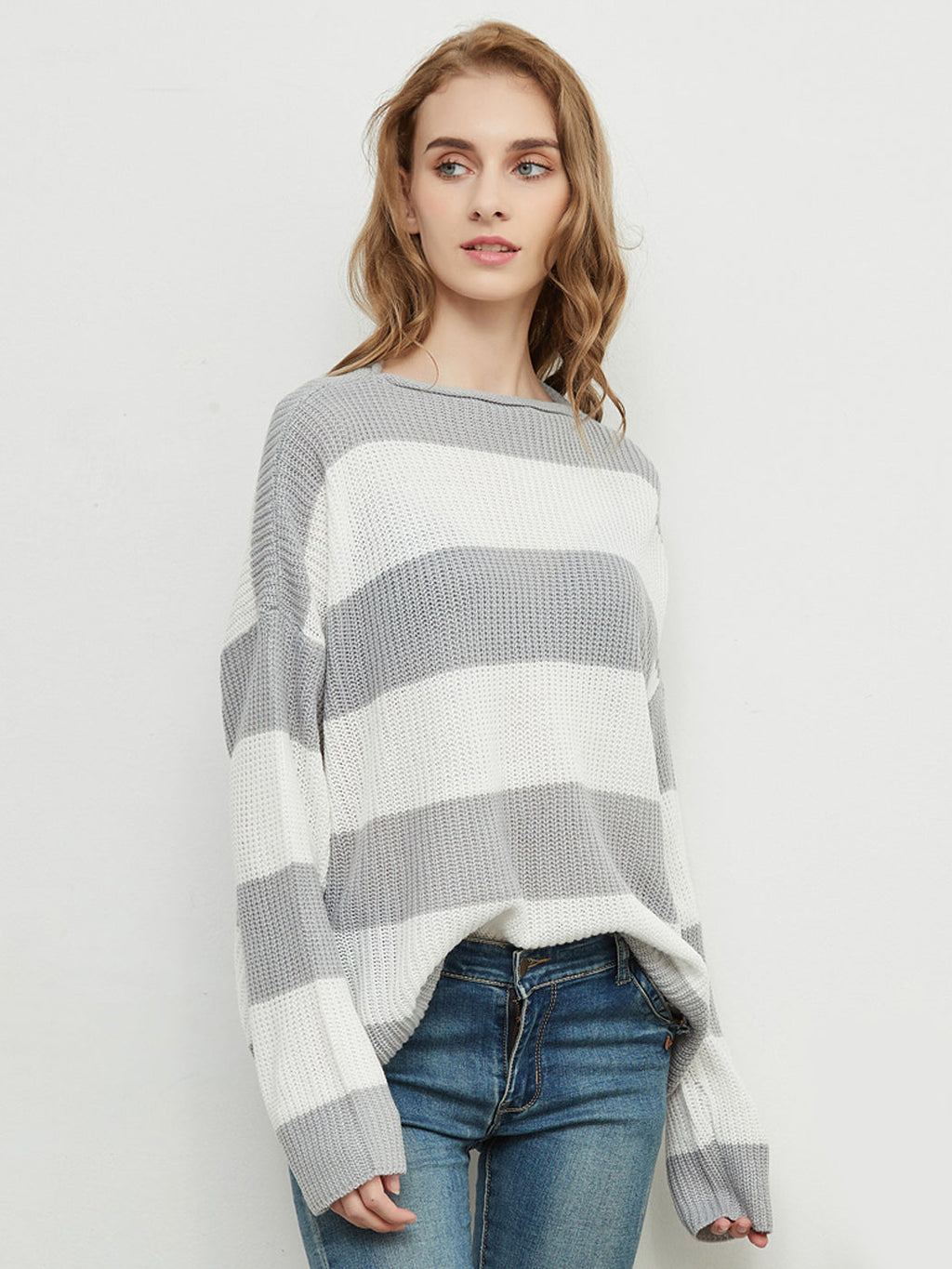Women Black and White Striped Crew Neck Long Sleeve Knit Sweater - Image 11