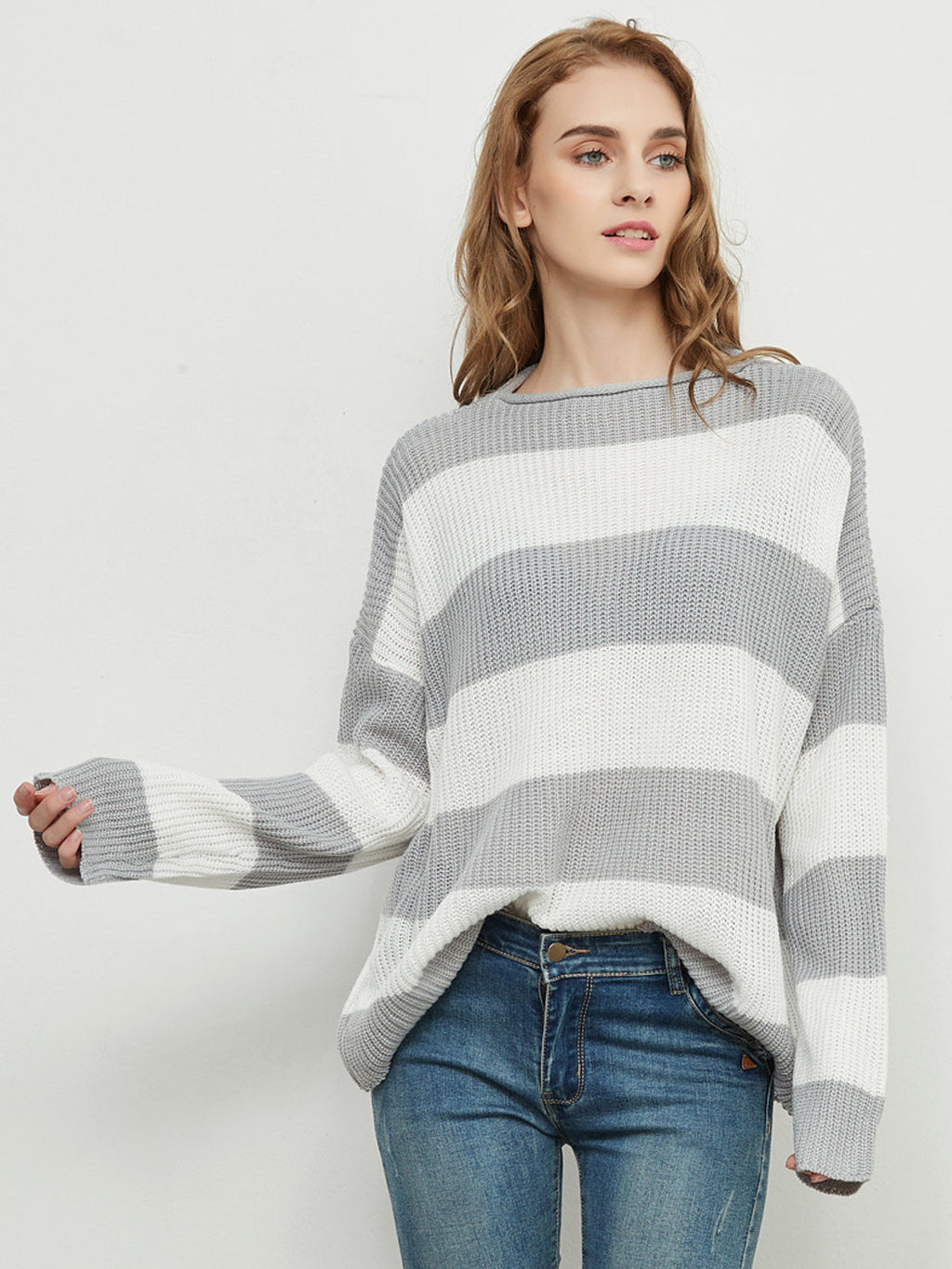 Women Black and White Striped Crew Neck Long Sleeve Knit Sweater - Image 12