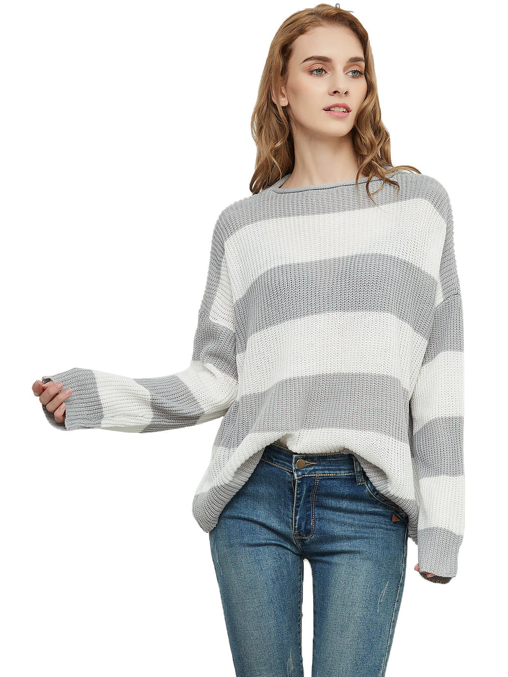 Women Black and White Striped Crew Neck Long Sleeve Knit Sweater - Image 15
