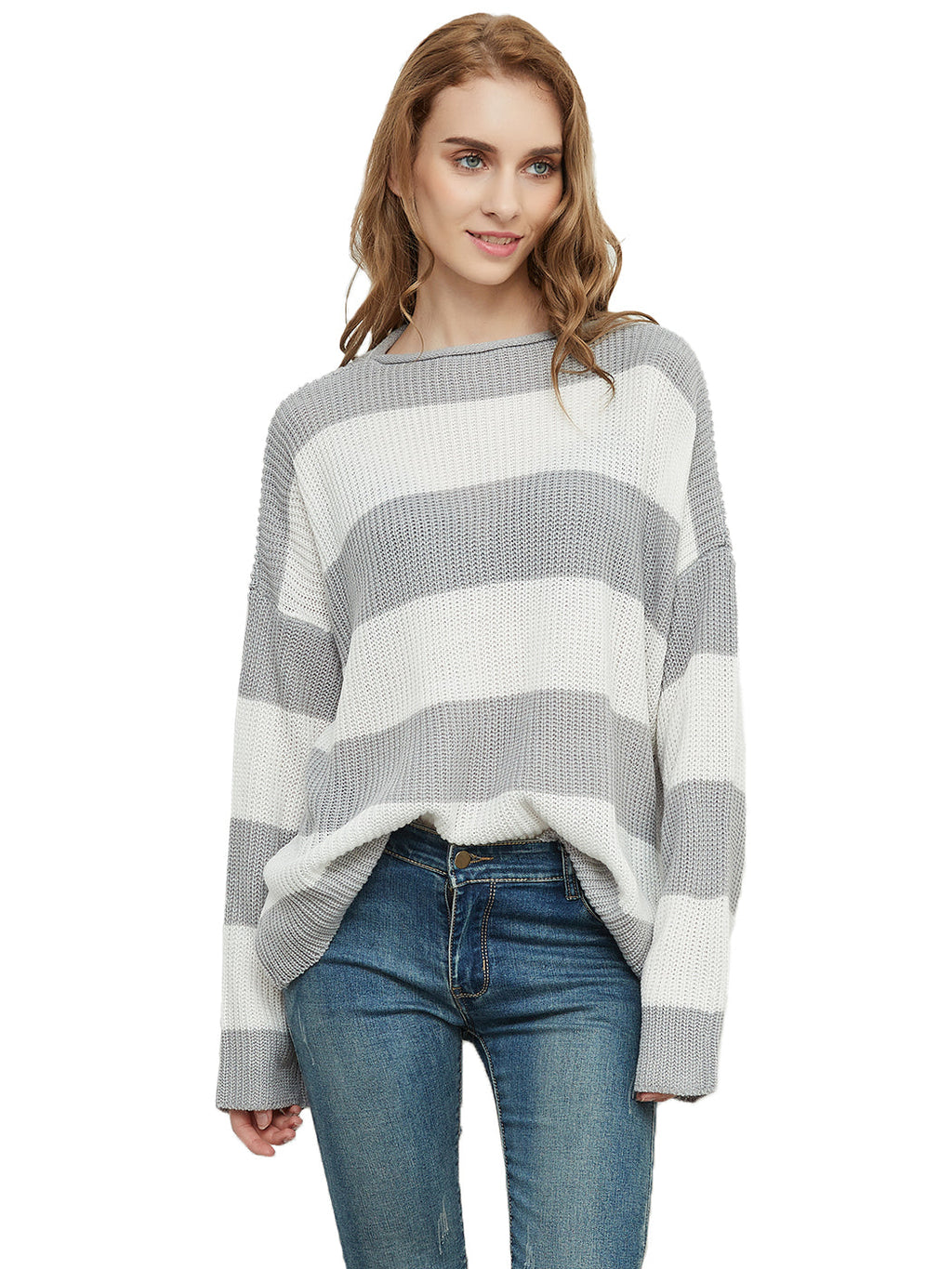 Women Black and White Striped Crew Neck Long Sleeve Knit Sweater - Image 16