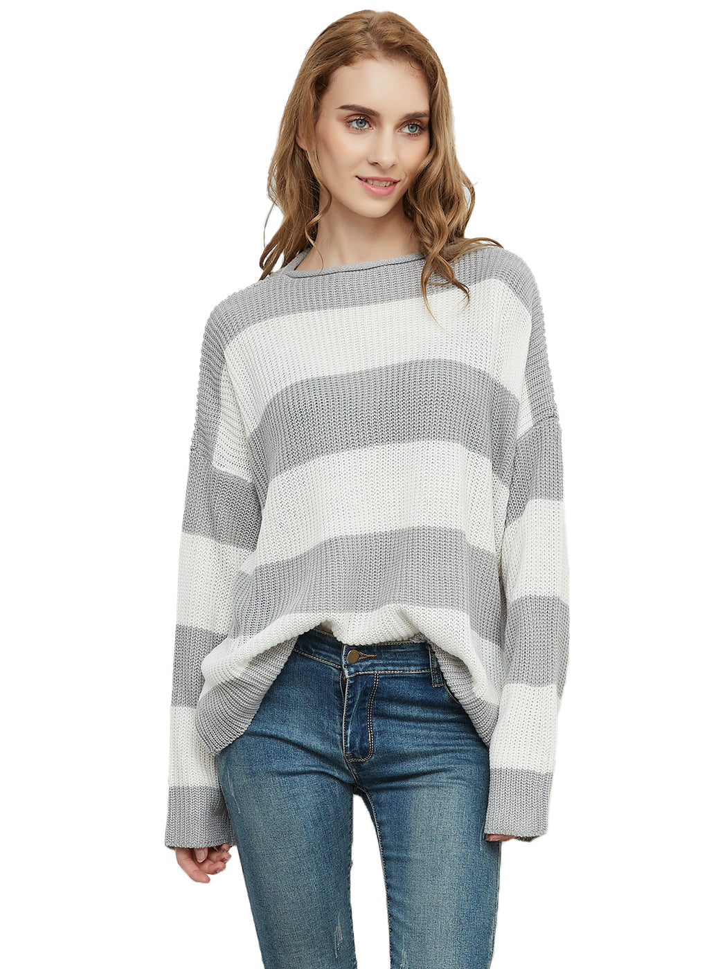 Women Black and White Striped Crew Neck Long Sleeve Knit Sweater - Image 16