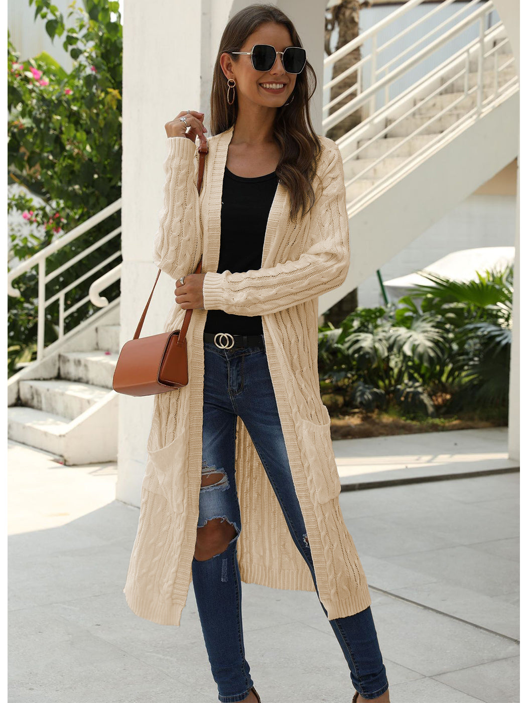 Beige Long Sleeve Cable Knit Open Front Cardigan Sweater - Image 2