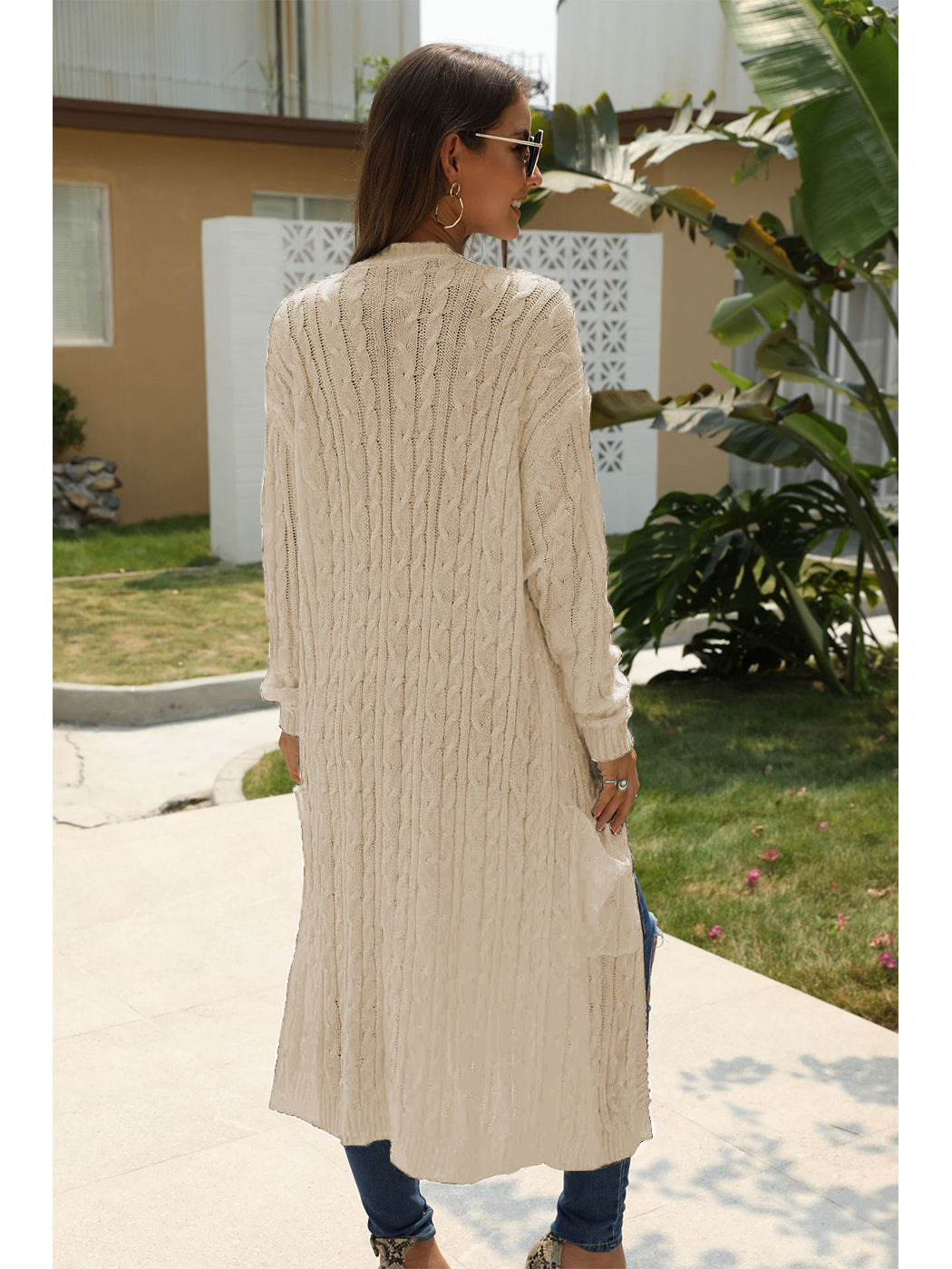 Beige Long Sleeve Cable Knit Open Front Cardigan Sweater - Image 3