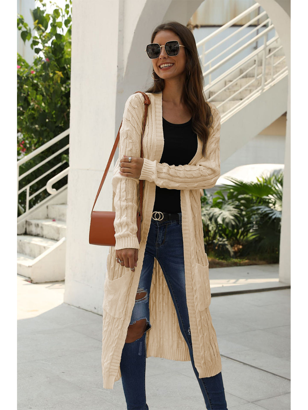 Beige Long Sleeve Cable Knit Open Front Cardigan Sweater - Image 4