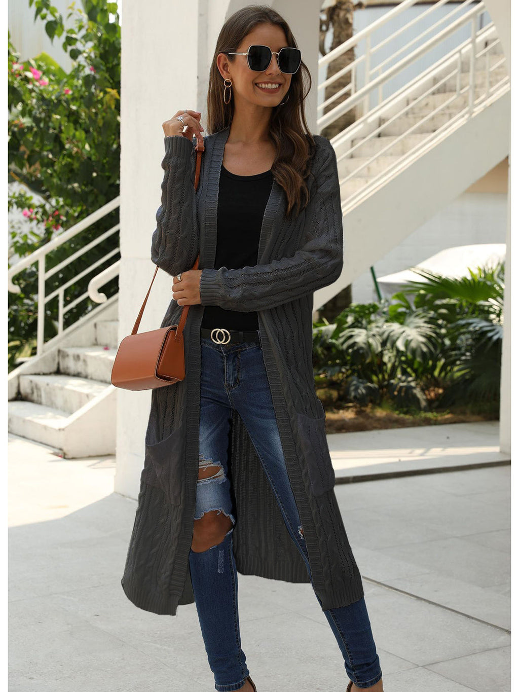 Beige Long Sleeve Cable Knit Open Front Cardigan Sweater - Image 14