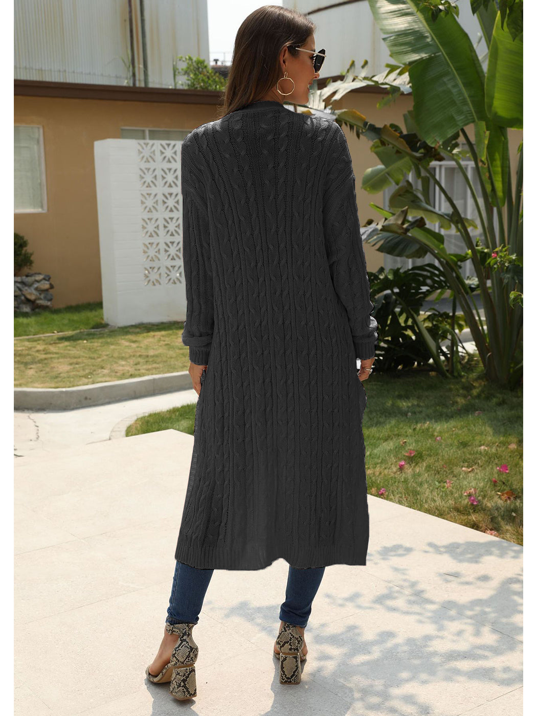 Beige Long Sleeve Cable Knit Open Front Cardigan Sweater - Image 15