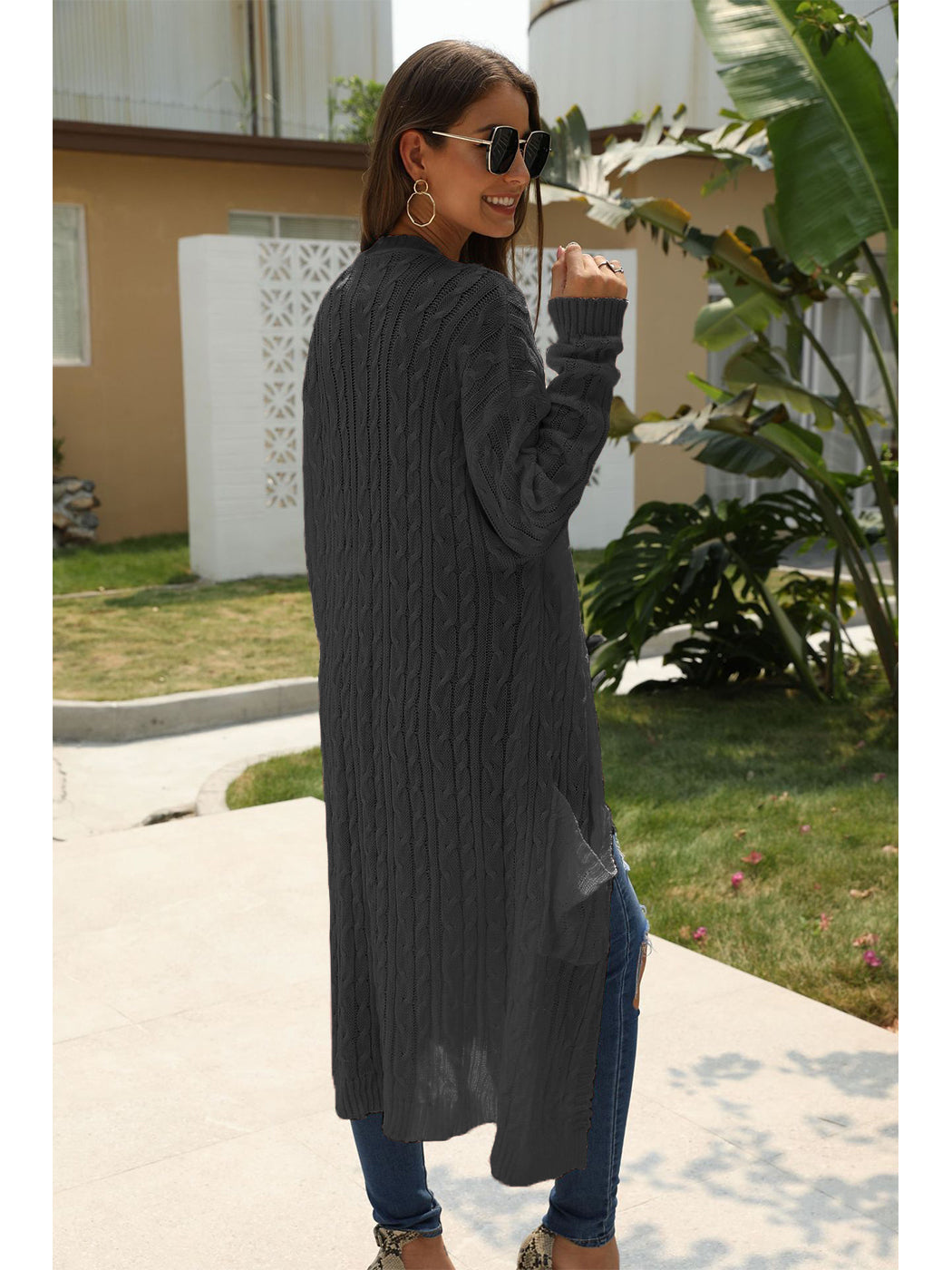 Beige Long Sleeve Cable Knit Open Front Cardigan Sweater - Image 16
