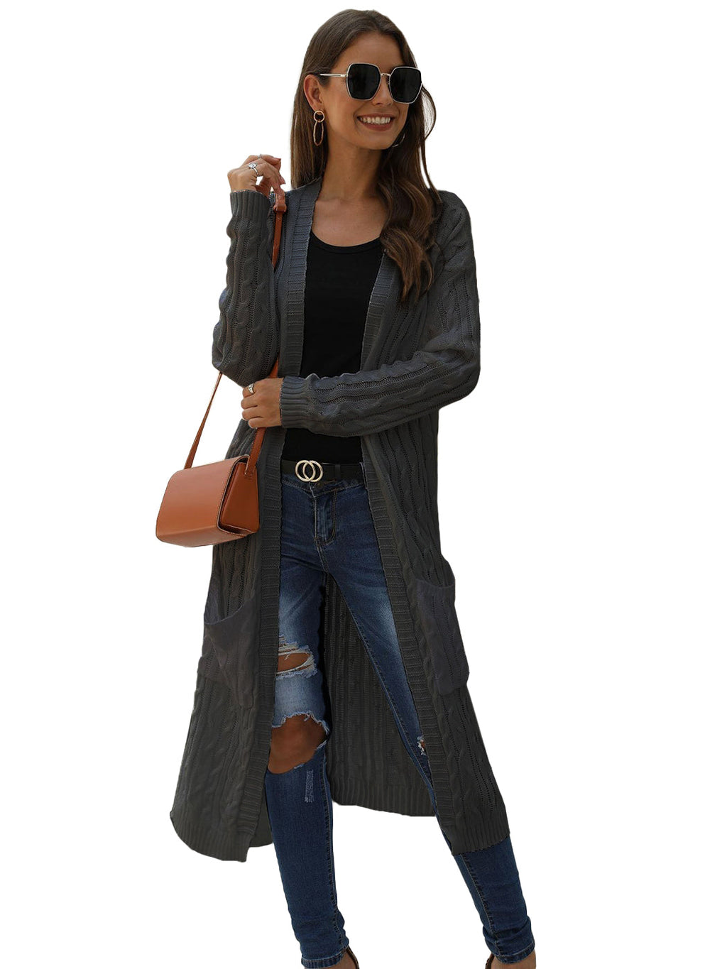 Beige Long Sleeve Cable Knit Open Front Cardigan Sweater - Image 17