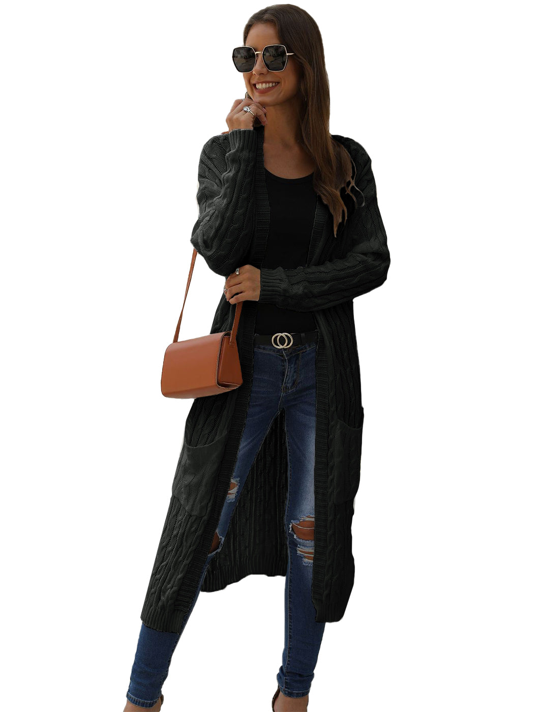 Beige Long Sleeve Cable Knit Open Front Cardigan Sweater - Image 8