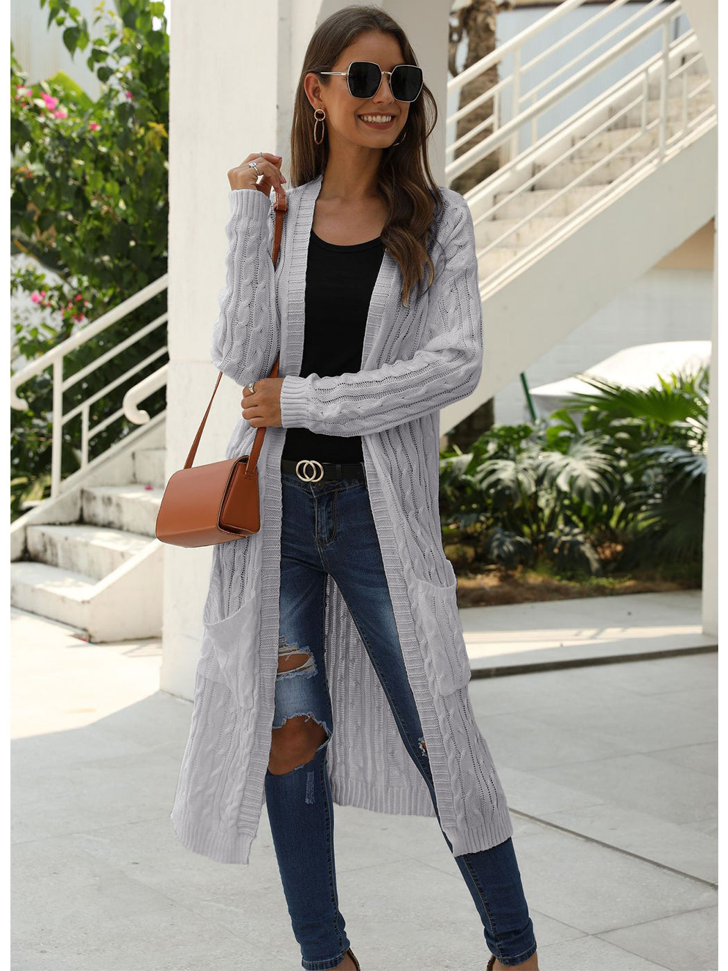Beige Long Sleeve Cable Knit Open Front Cardigan Sweater - Image 21