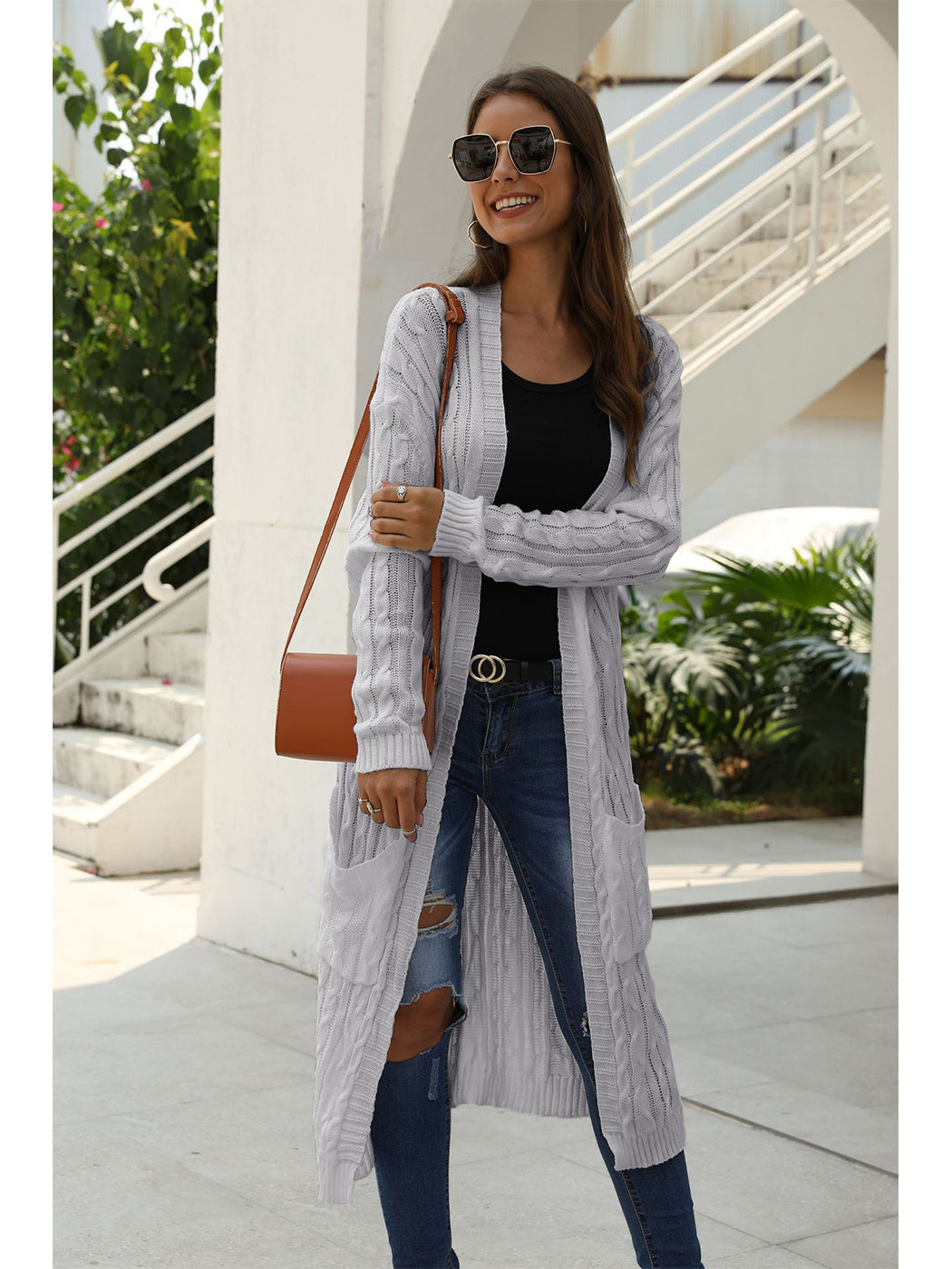 Beige Long Sleeve Cable Knit Open Front Cardigan Sweater - Image 22