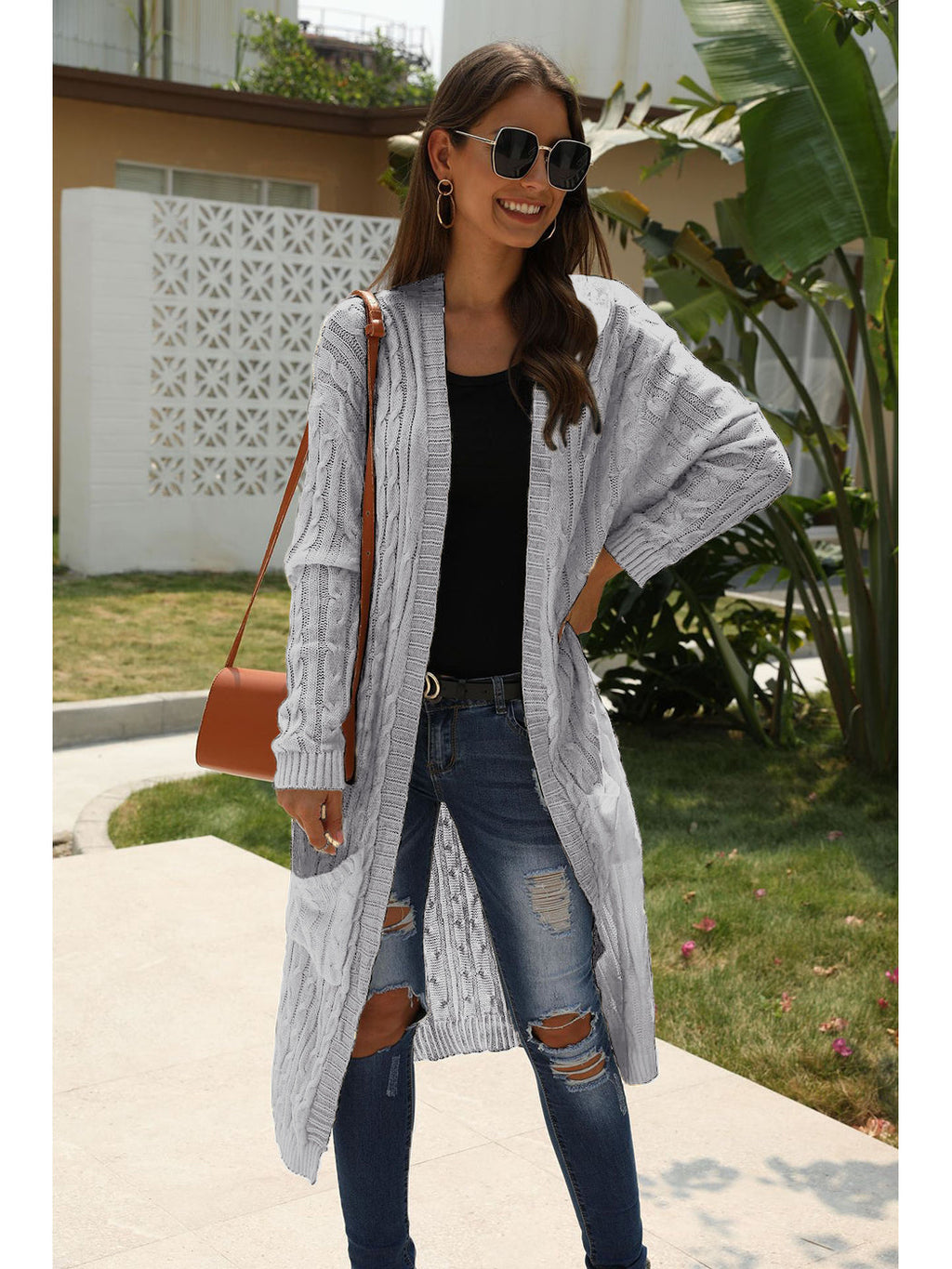 Beige Long Sleeve Cable Knit Open Front Cardigan Sweater - Image 23