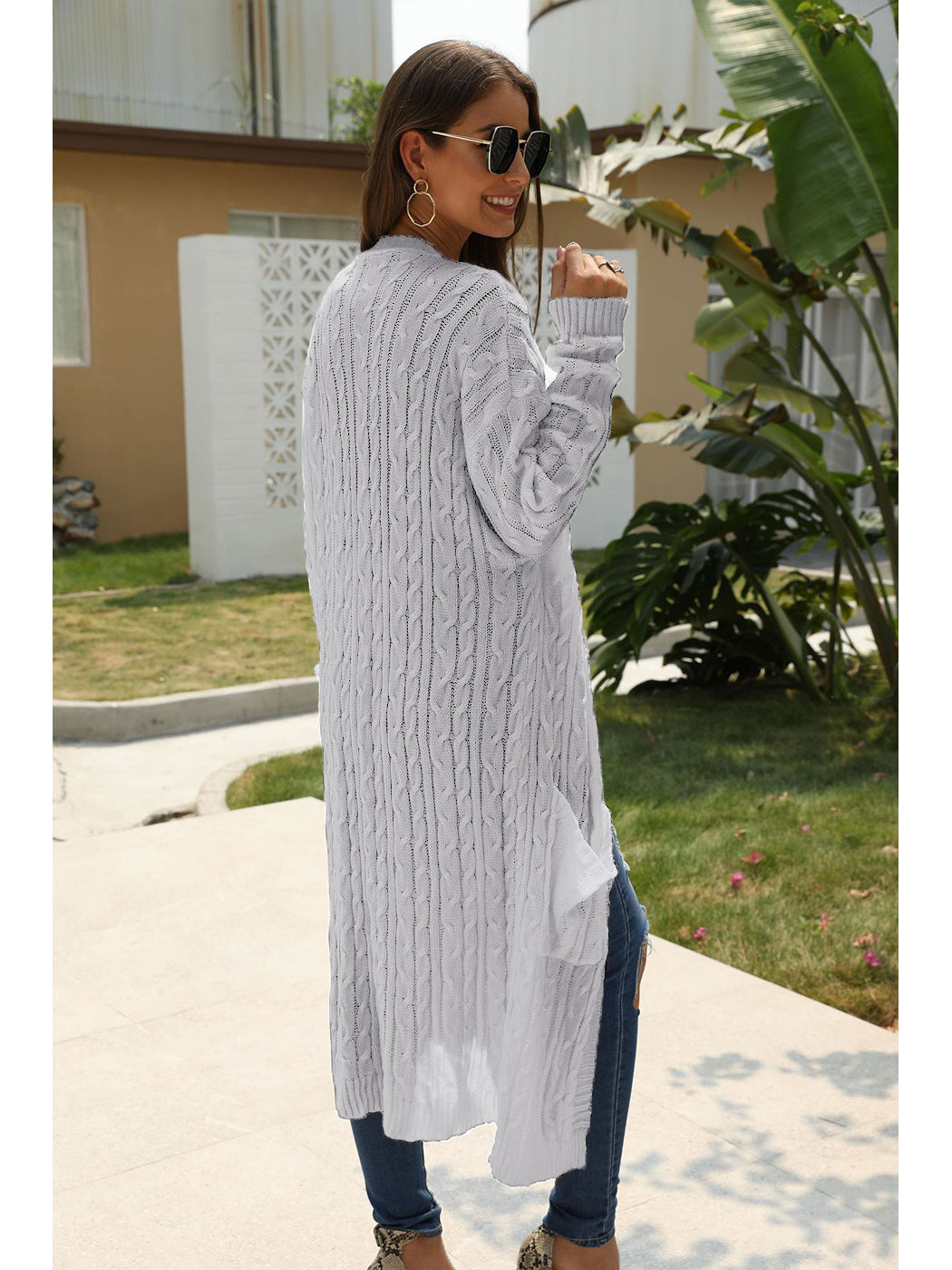 Beige Long Sleeve Cable Knit Open Front Cardigan Sweater - Image 24