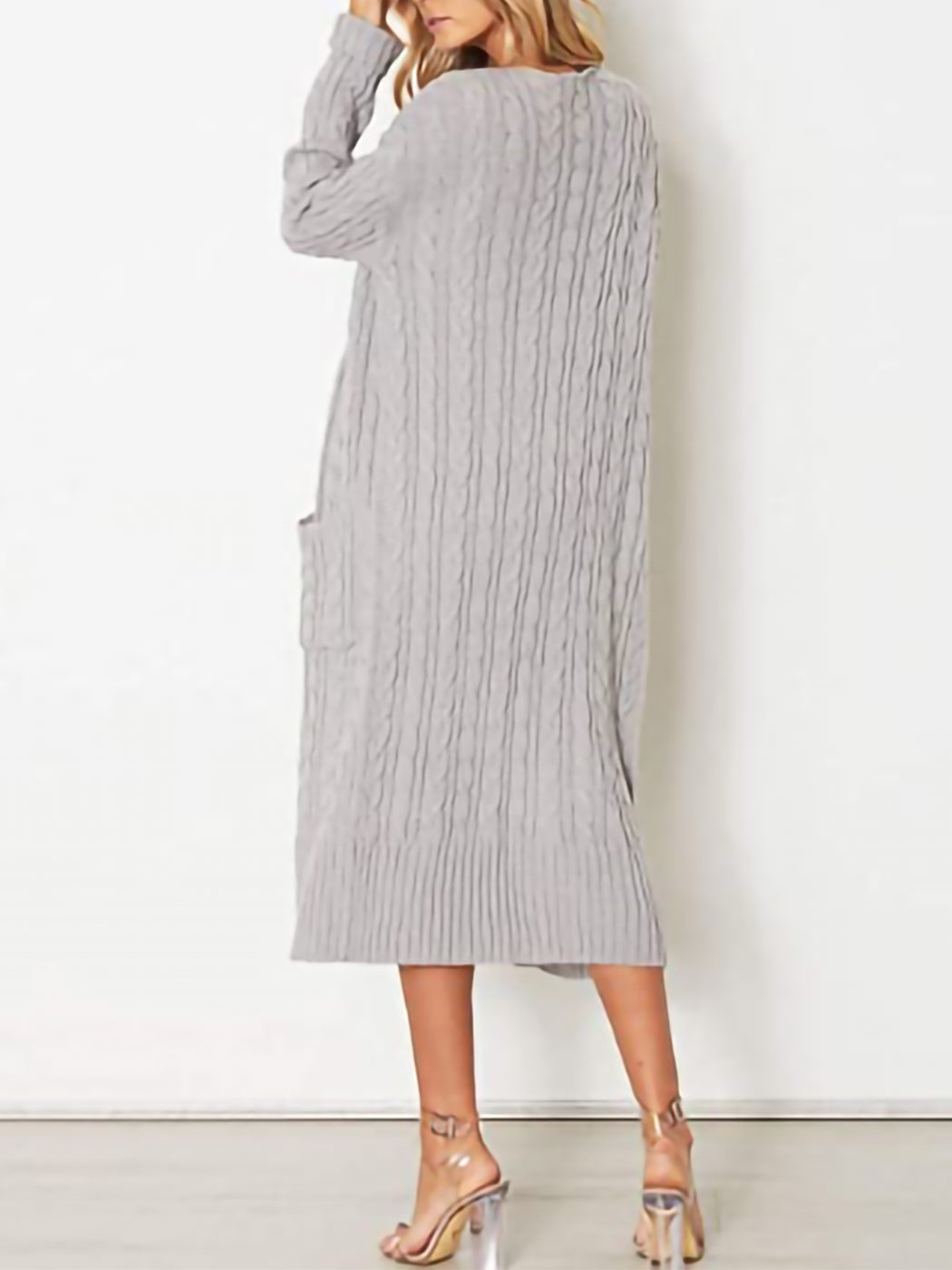 Beige Long Sleeve Cable Knit Open Front Cardigan Sweater - Image 25