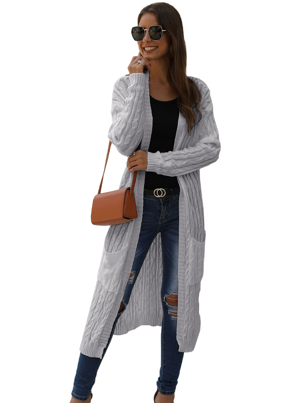Beige Long Sleeve Cable Knit Open Front Cardigan Sweater - Image 20
