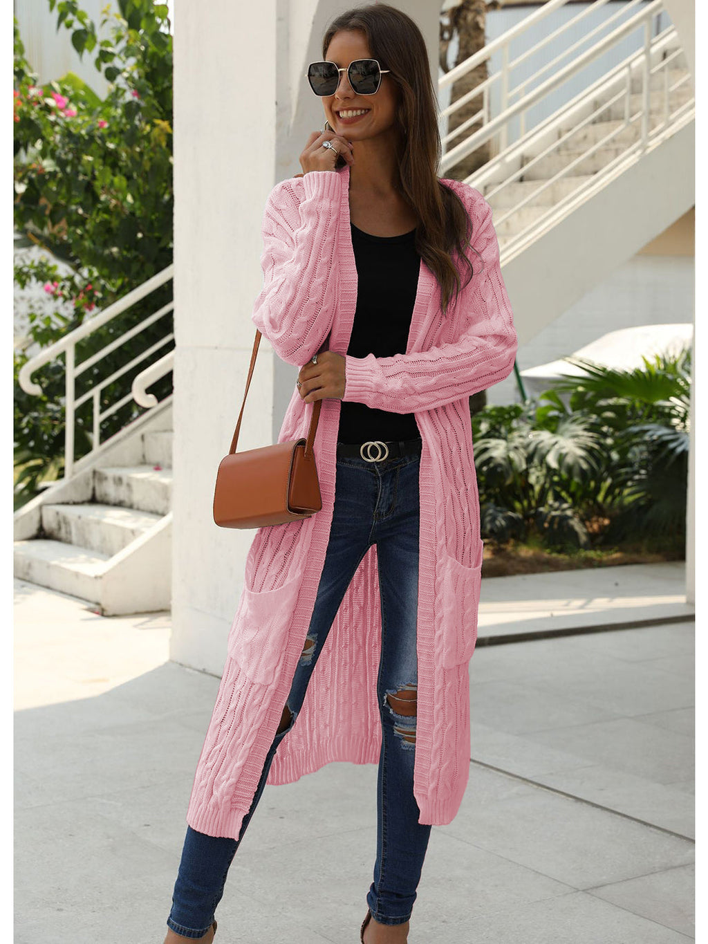 Beige Long Sleeve Cable Knit Open Front Cardigan Sweater - Image 28