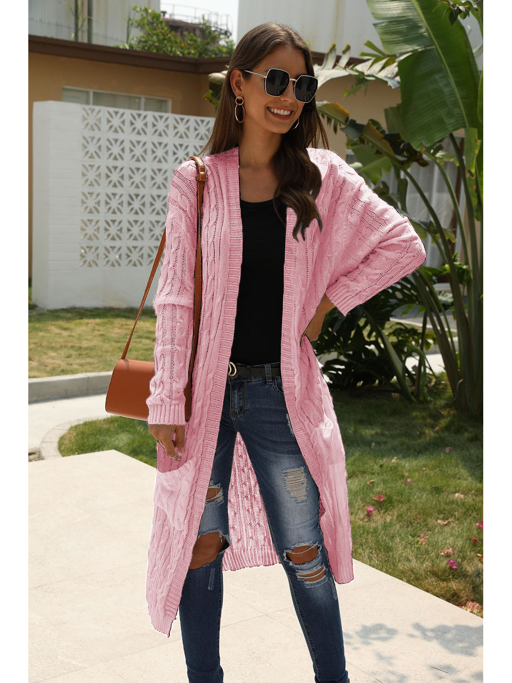 Beige Long Sleeve Cable Knit Open Front Cardigan Sweater - Image 29