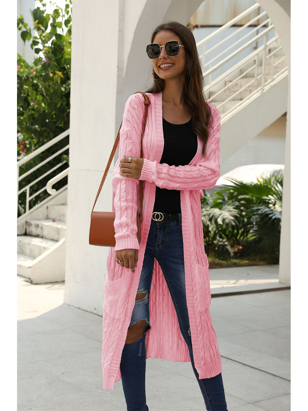 Beige Long Sleeve Cable Knit Open Front Cardigan Sweater - Image 30