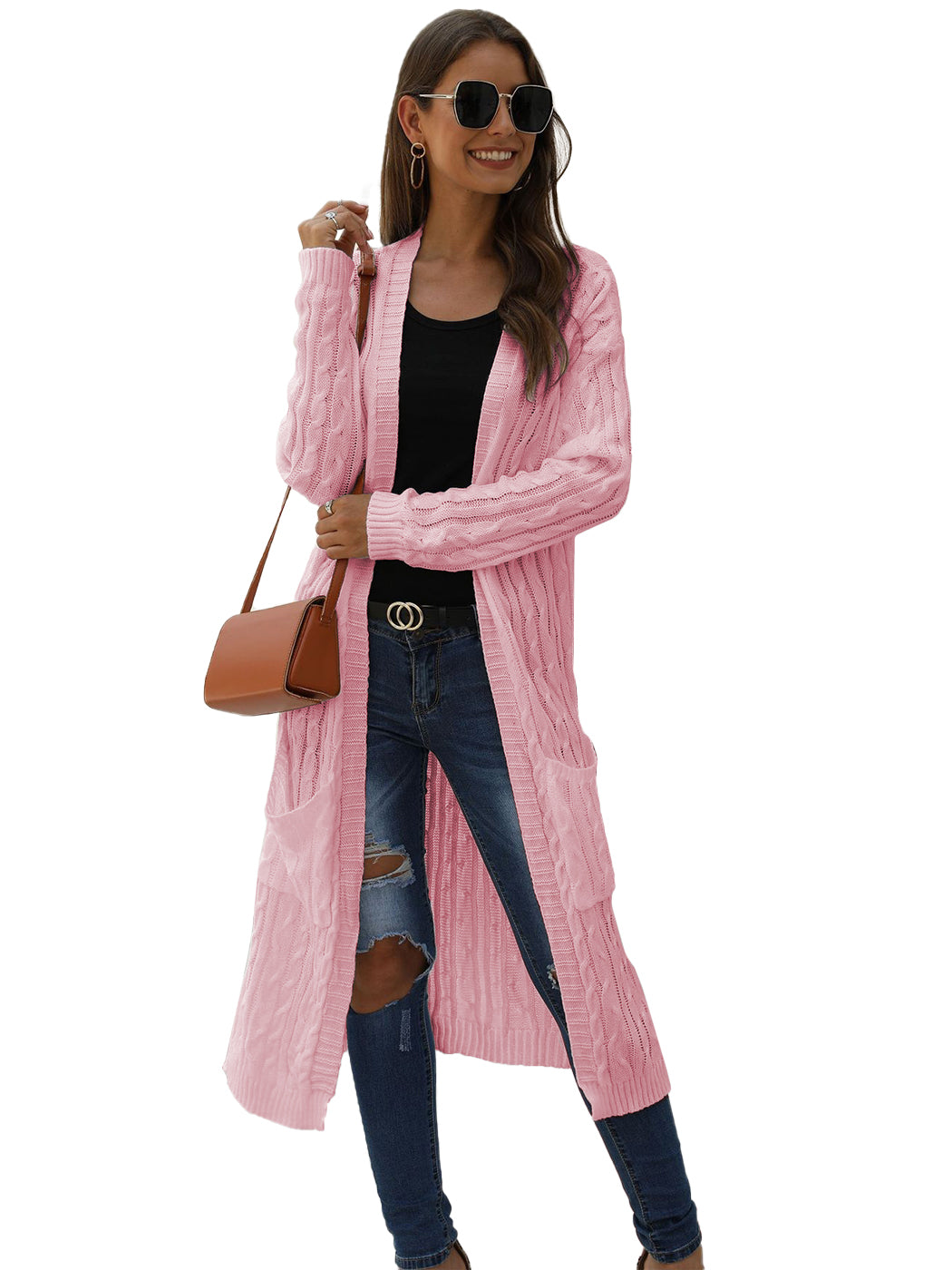 Beige Long Sleeve Cable Knit Open Front Cardigan Sweater - Image 27