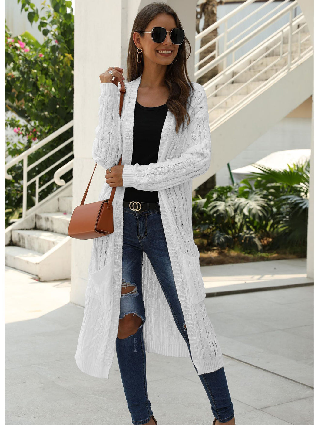 Beige Long Sleeve Cable Knit Open Front Cardigan Sweater - Image 41