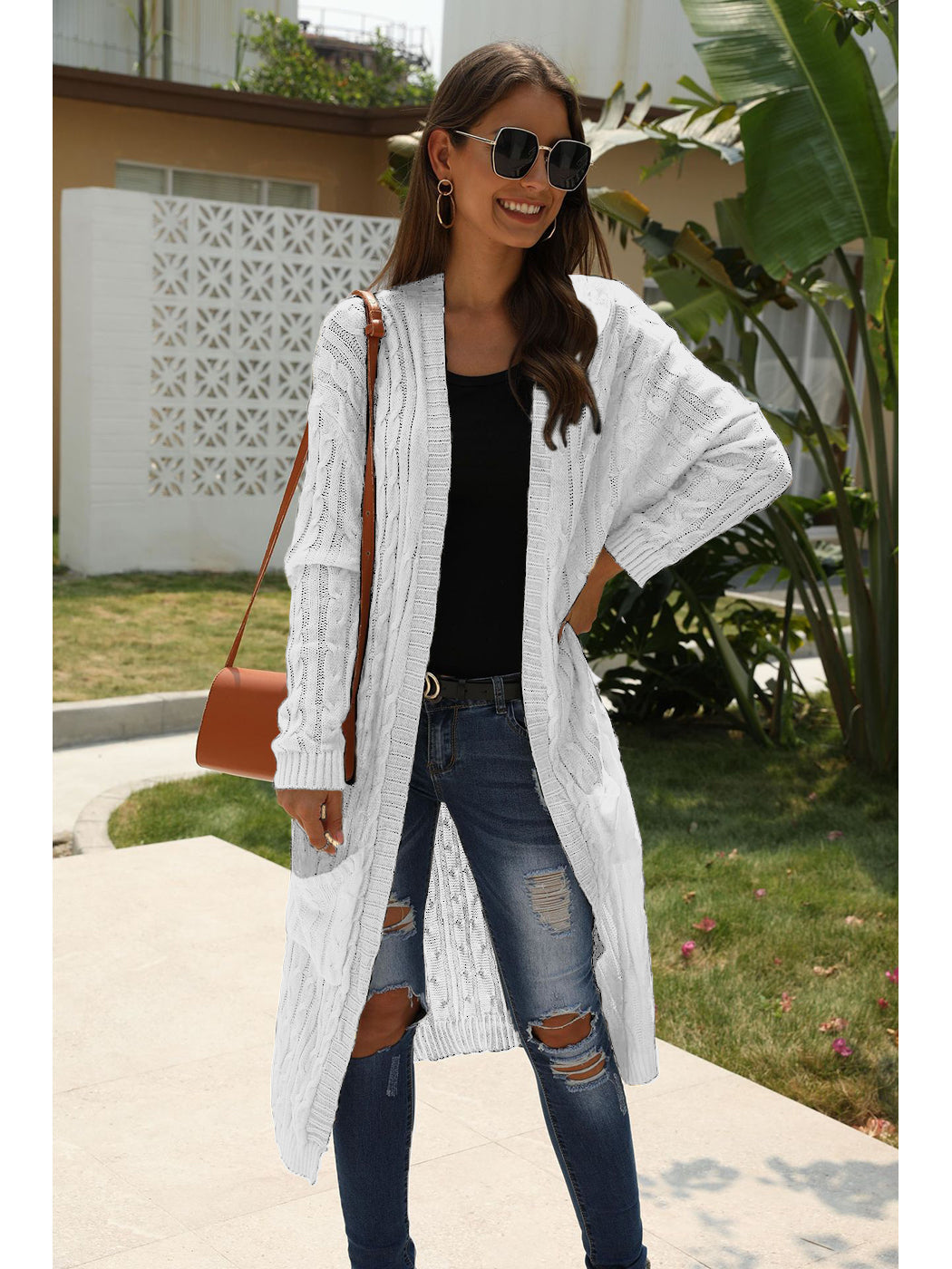 Beige Long Sleeve Cable Knit Open Front Cardigan Sweater - Image 42