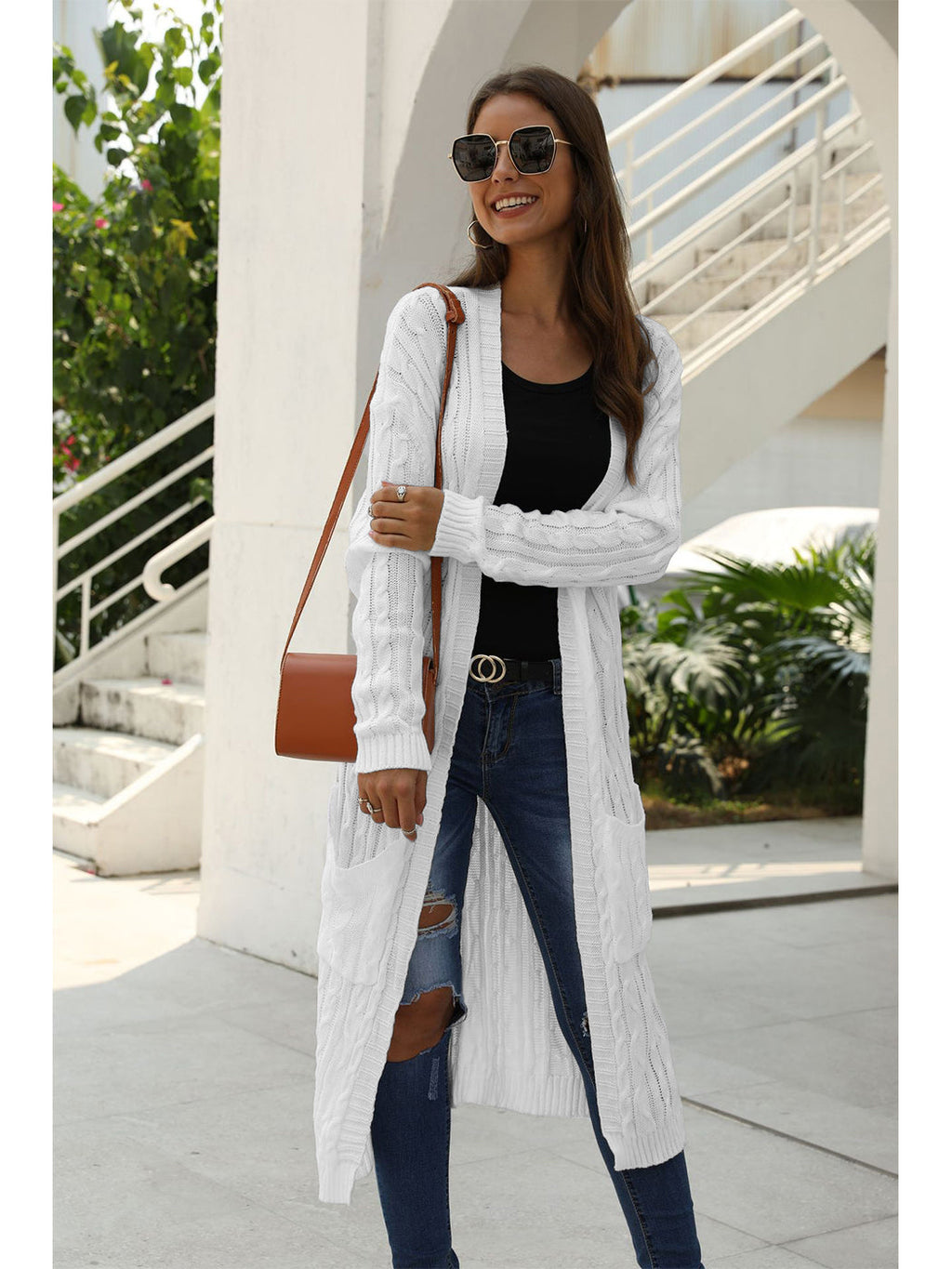 Beige Long Sleeve Cable Knit Open Front Cardigan Sweater - Image 43