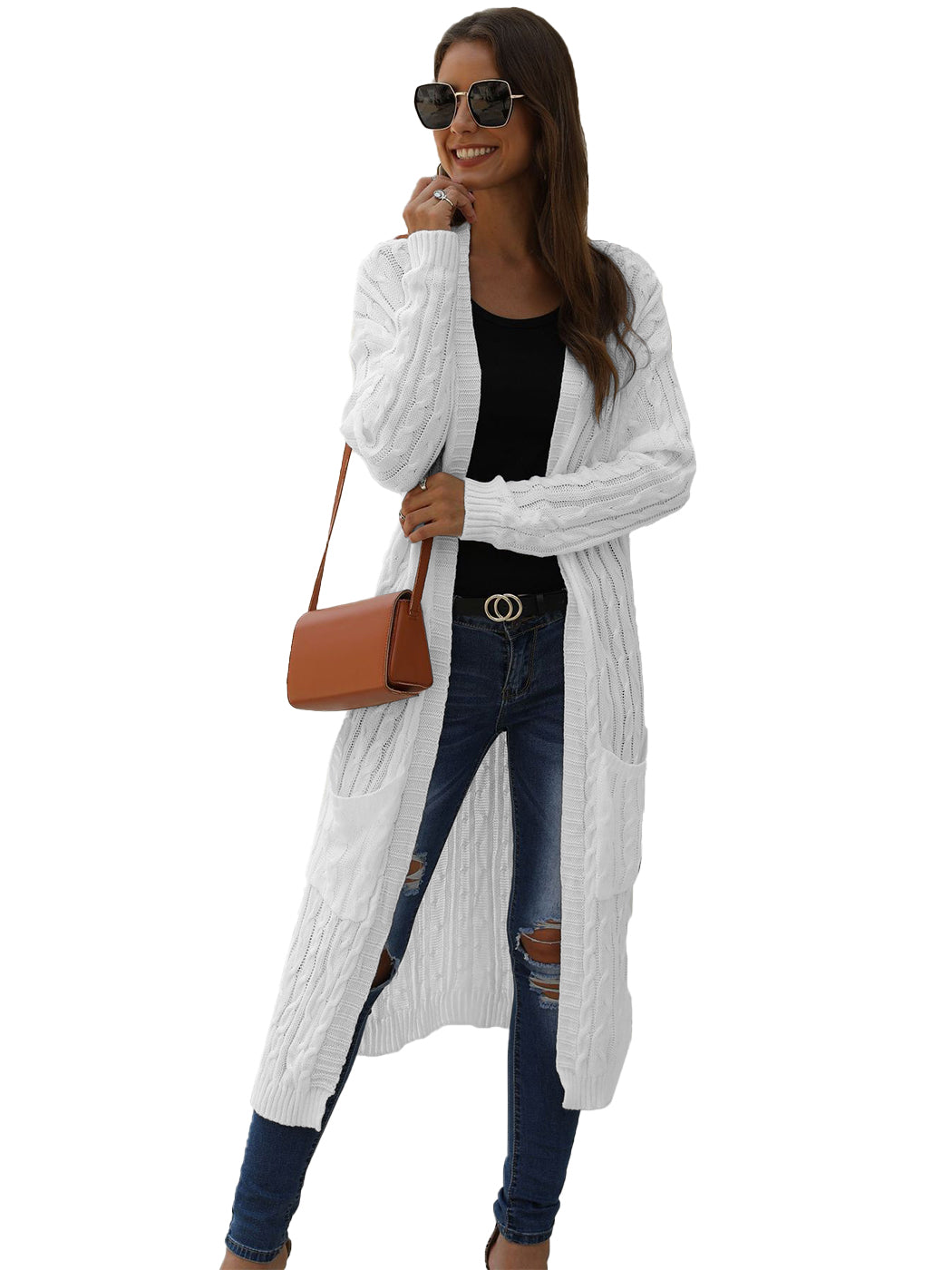 Beige Long Sleeve Cable Knit Open Front Cardigan Sweater - Image 40
