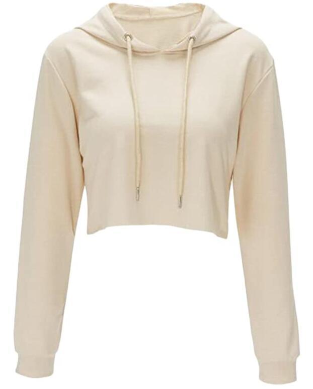 A front view of a long sleeve black cropped sweatshirt with a drawstring hood on a model, and an isolated view of the same style in beige.