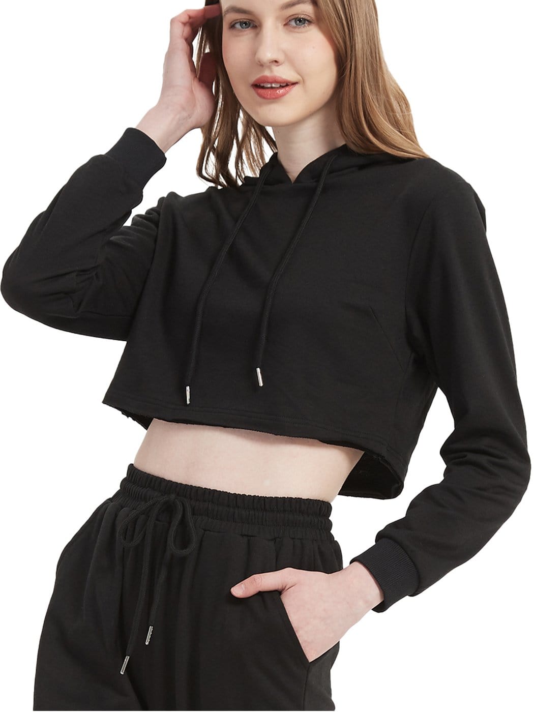 Women's Long Sleeve Crop Top Sweatshirt with Drawstring Hood - Image 3