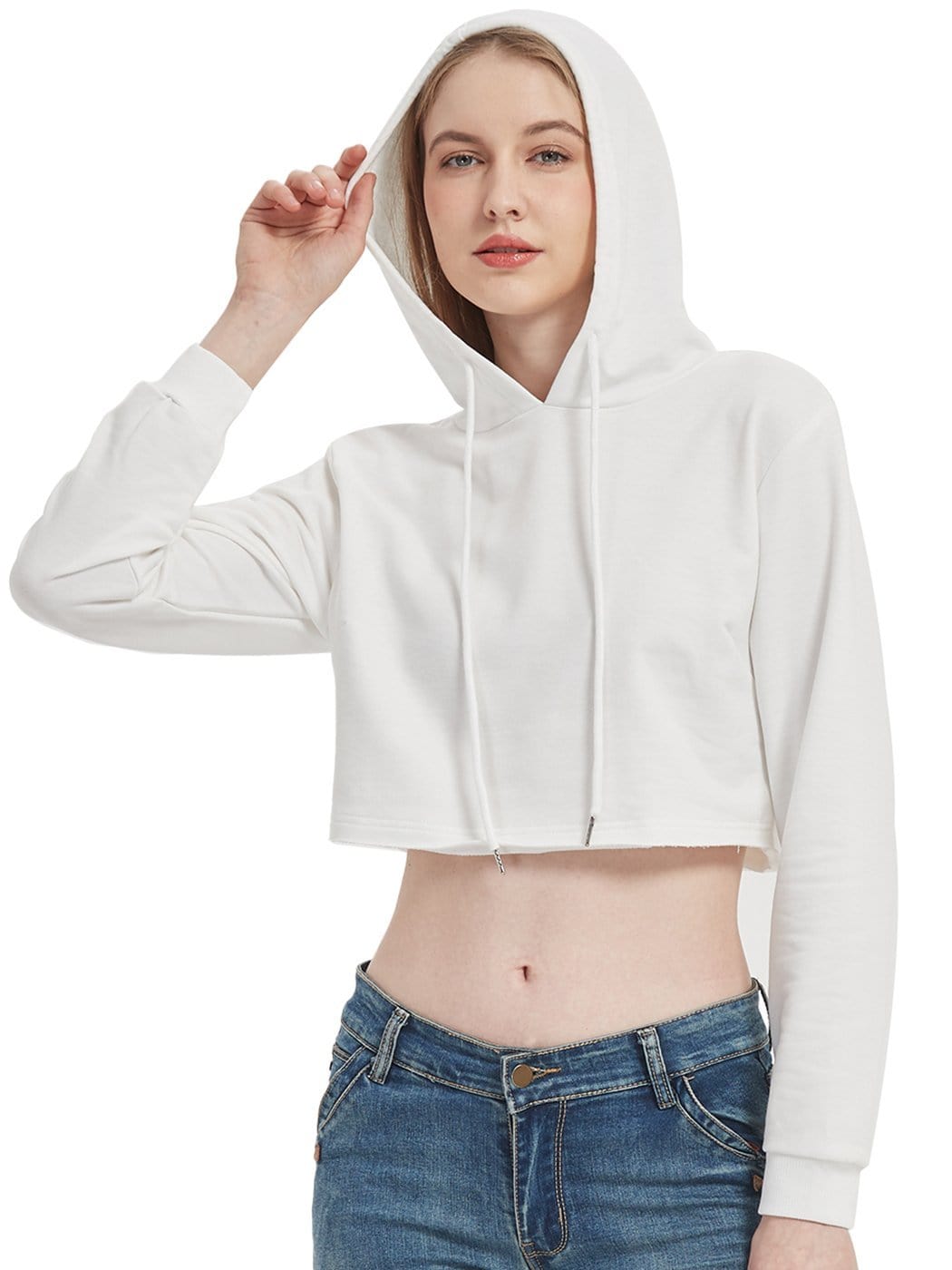 Women's Long Sleeve Crop Top Sweatshirt with Drawstring Hood - Image 17