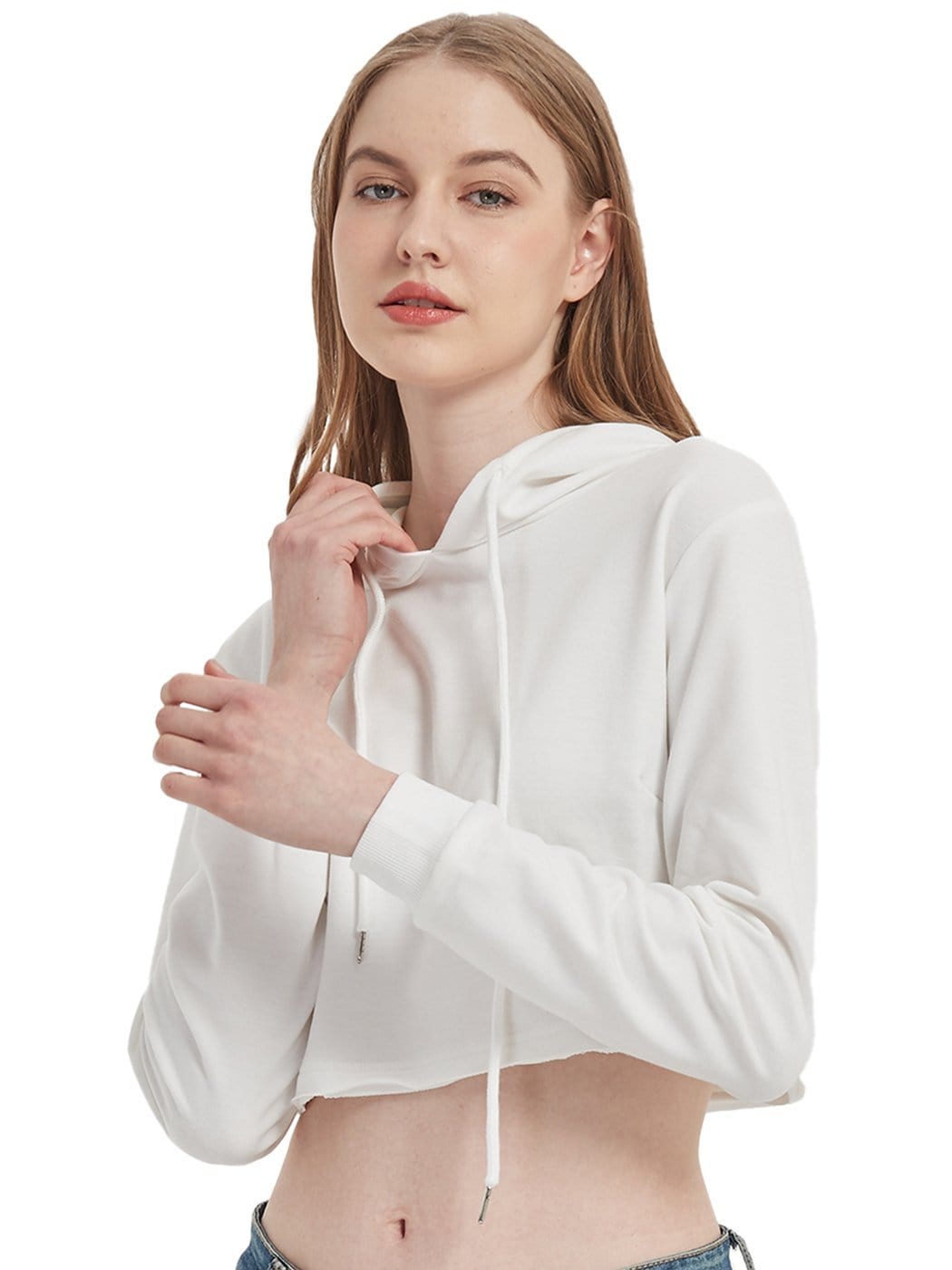 Women's Long Sleeve Crop Top Sweatshirt with Drawstring Hood - Image 15