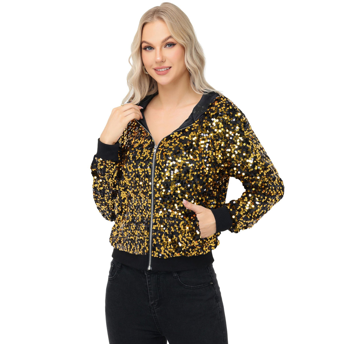Zip-Up Hoodie Jacket with Allover Sequin Embellishments and Ribbed Trim