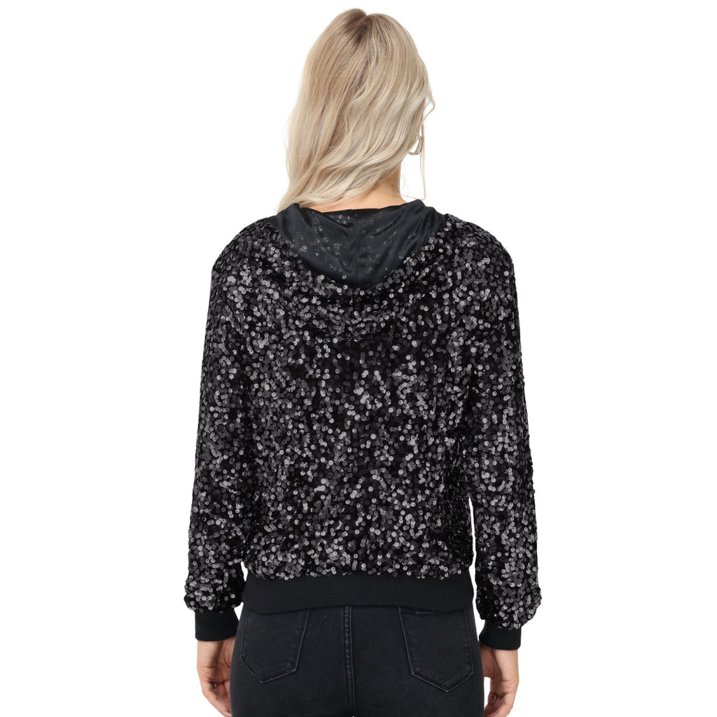 Zip-Up Hoodie Jacket with Allover Sequin Embellishments and Ribbed Trim