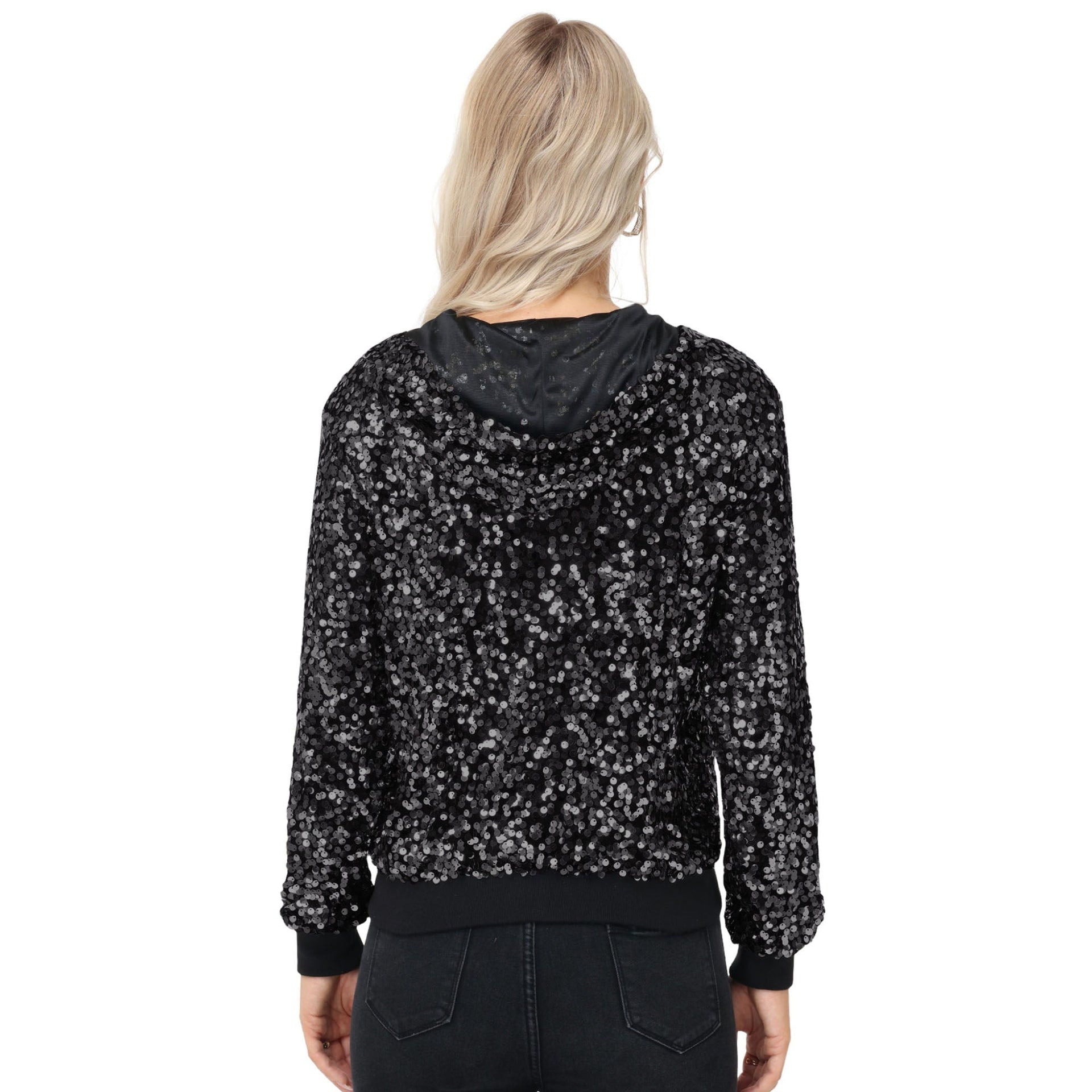 Zip-Up Hoodie Jacket with Allover Sequin Embellishments and Ribbed Trim