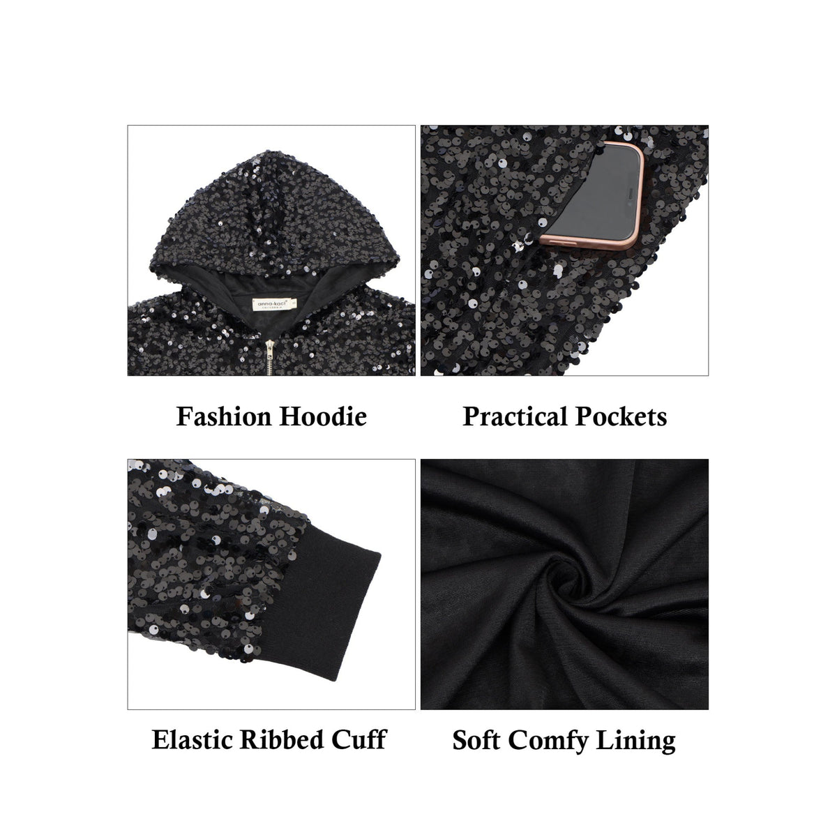 Zip-Up Hoodie Jacket with Allover Sequin Embellishments and Ribbed Trim