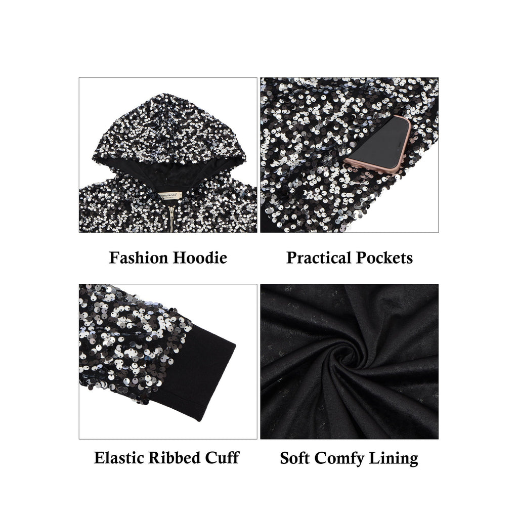 Zip-Up Hoodie Jacket with Allover Sequin Embellishments and Ribbed Trim