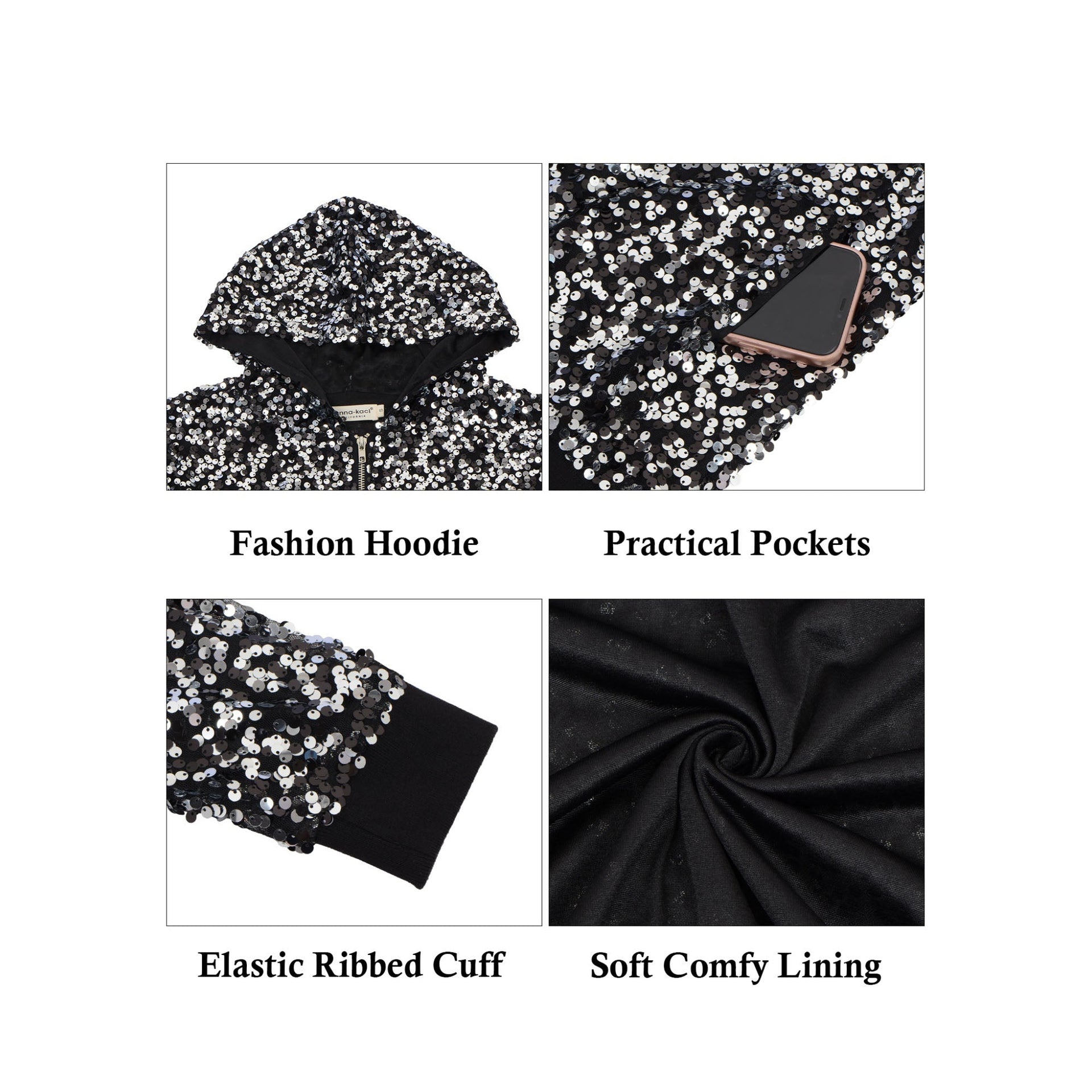 Zip-Up Hoodie Jacket with Allover Sequin Embellishments and Ribbed Trim