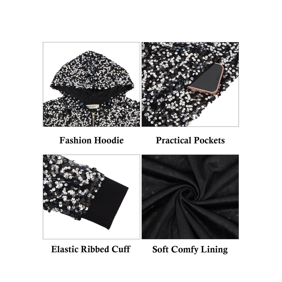 Zip-Up Hoodie Jacket with Allover Sequin Embellishments and Ribbed Trim