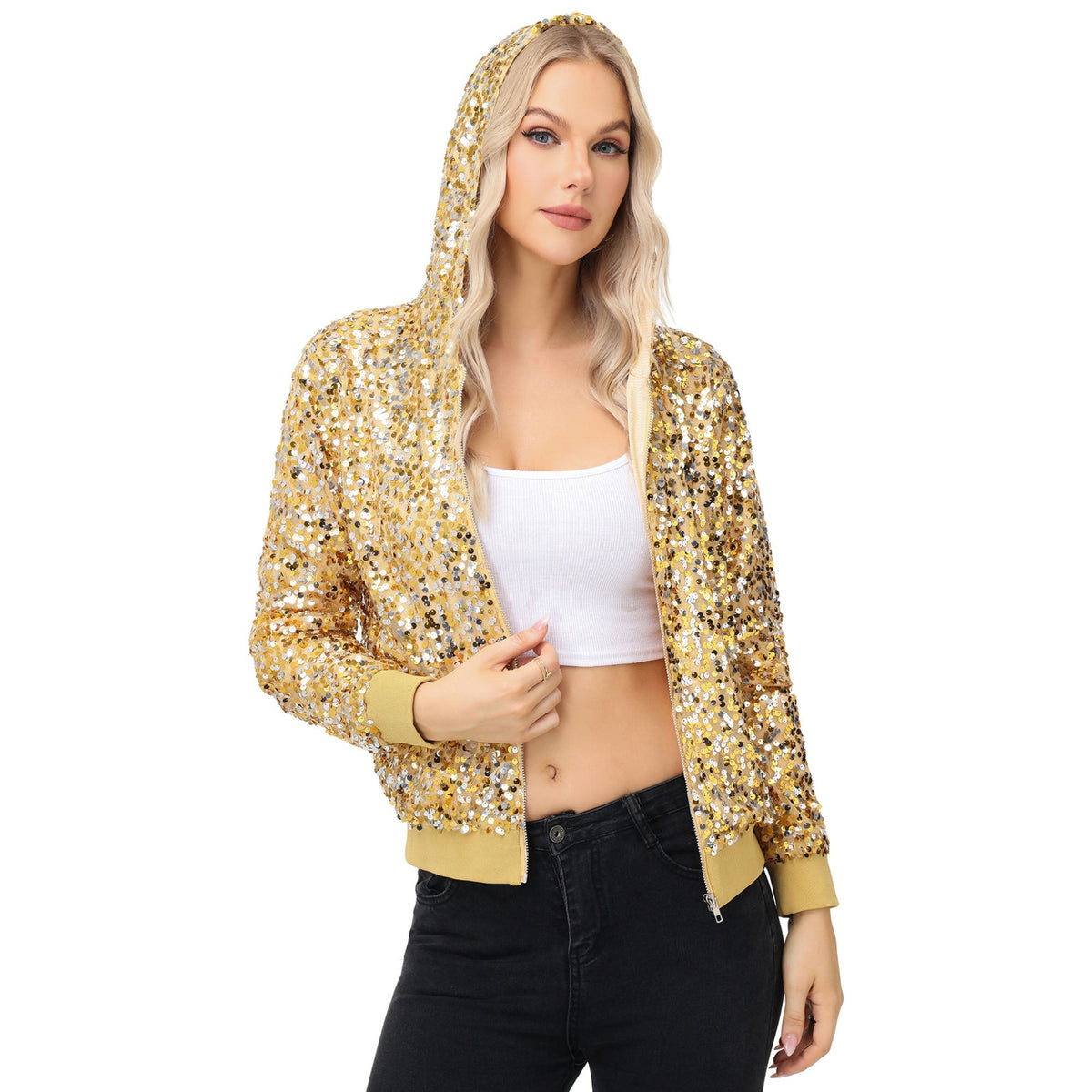 Zip-Up Hoodie Jacket with Allover Sequin Embellishments and Ribbed Trim