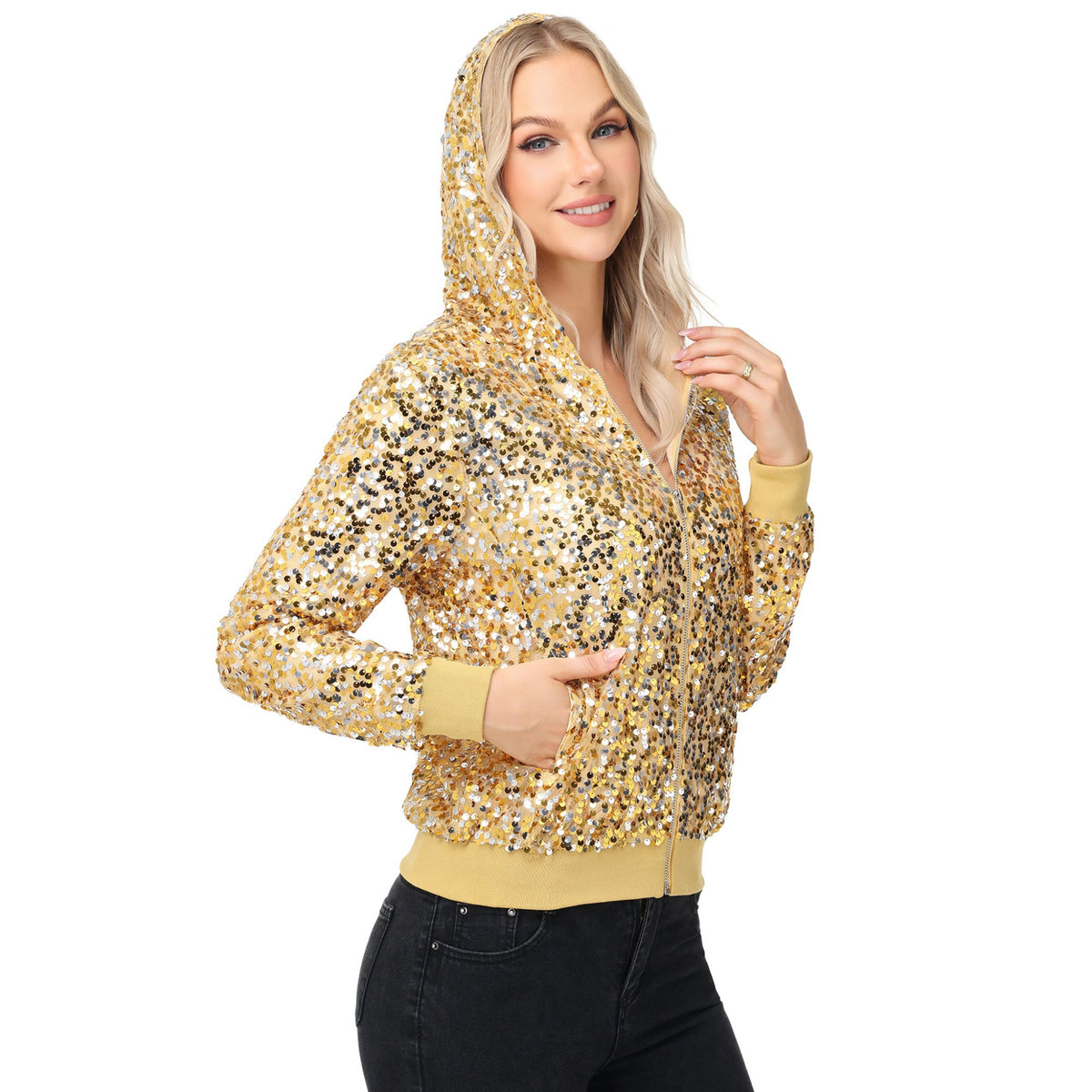 Zip-Up Hoodie Jacket with Allover Sequin Embellishments and Ribbed Trim
