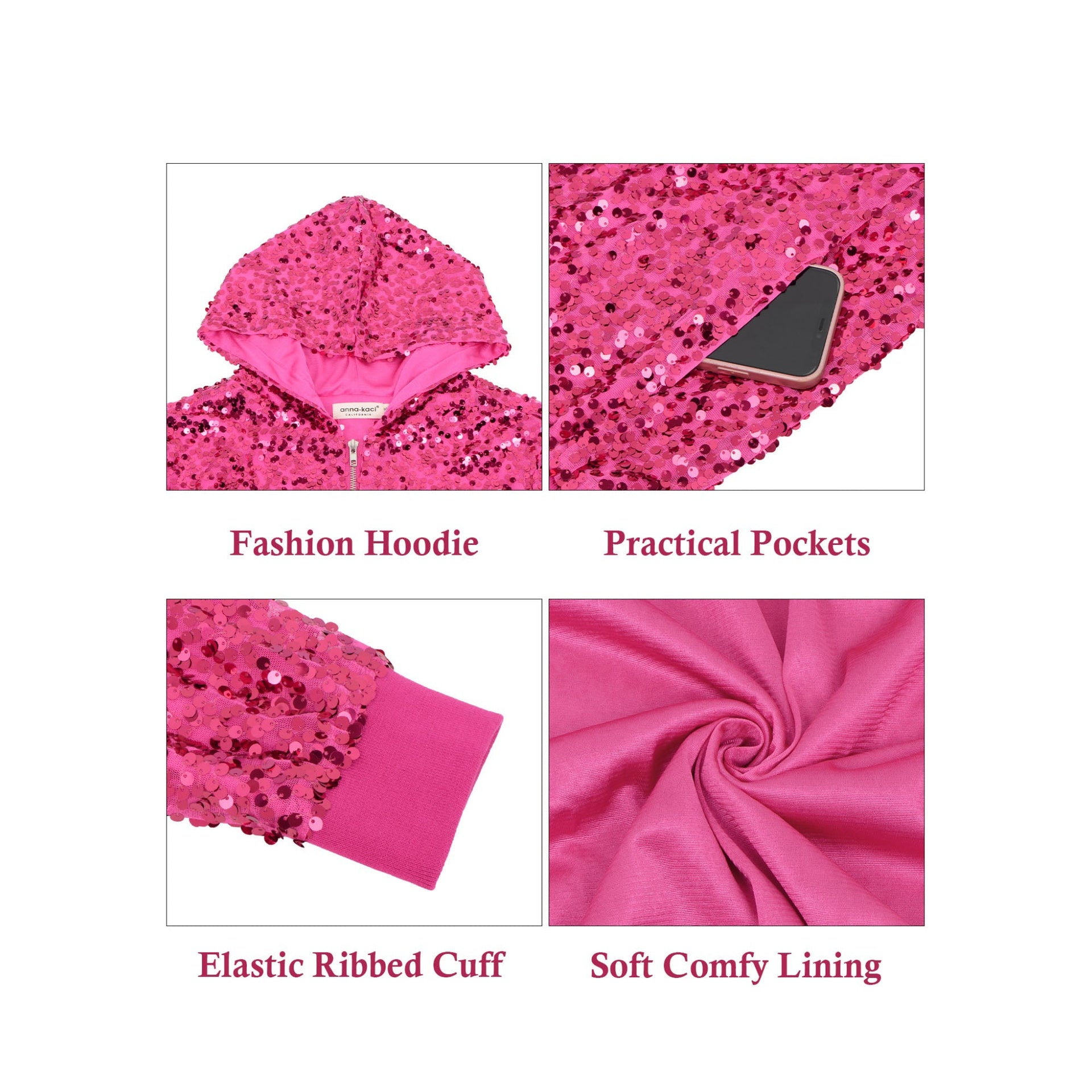 Zip-Up Hoodie Jacket with Allover Sequin Embellishments and Ribbed Trim