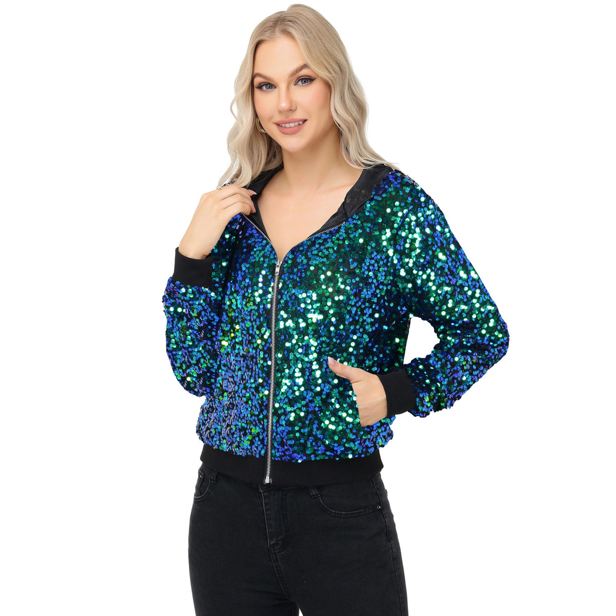 Zip-Up Hoodie Jacket with Allover Sequin Embellishments and Ribbed Trim