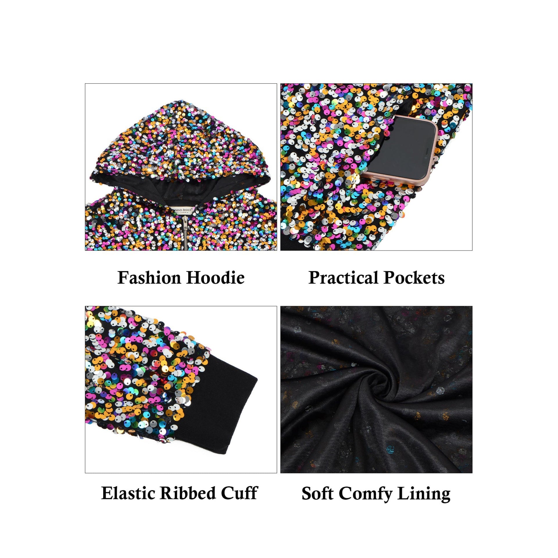 Zip-Up Hoodie Jacket with Allover Sequin Embellishments and Ribbed Trim
